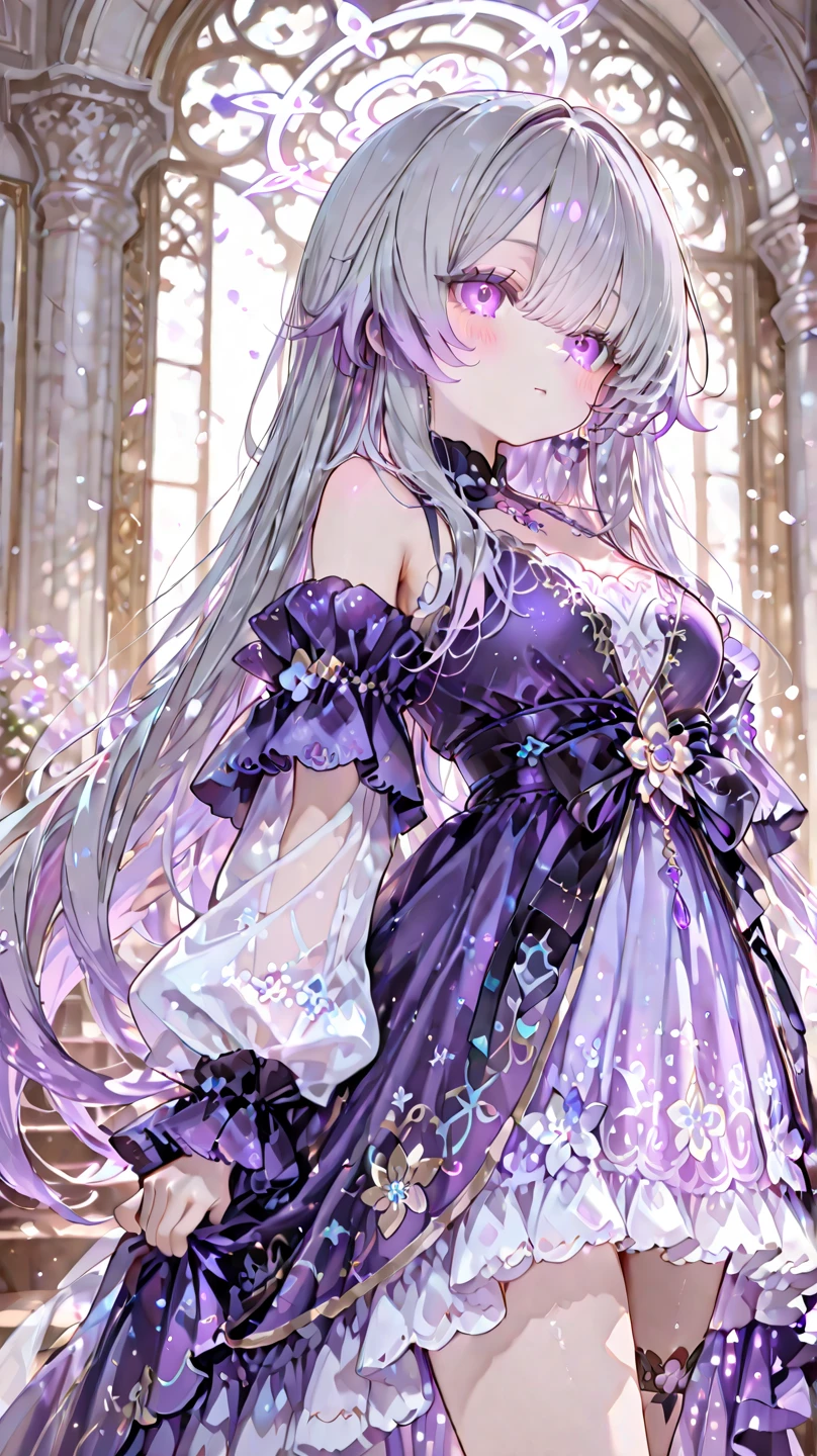 best quality, masterpiece,, illustration, wallpaper,1 girl, alone,light purple hair, semi long hair, Beautiful and delicate girl, Extremely detailed eyes and face, Beautiful and delicate eyes, Shy, Natural Glow,looking at the audience, outdoor, night Sky, Star (Sky), black pantyhose, Purple bow tie, straight hair, Purple petals, Purple and blue flowers, Light purple pupils, ponytail, blue ribbon,