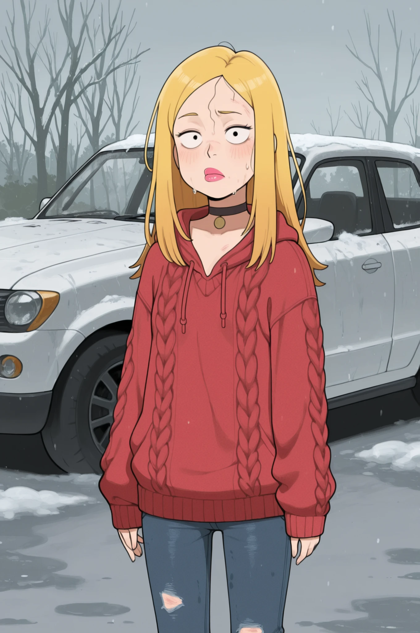 Francine Smith, looking at viewer, pink lipstick, choker, Blonde hair, small breasts. long hair. blonde hair, | Create a cinematic street scene: a weary Uber driver sits on the hood of his old, rusty taxi covered in mud and scratches — the car looks like it’s about to fall apart. It’s winter: gray sky, slush on the ground, bare trees in the background. The driver wears an oversized sweater with holes and faded jeans, his face showing exhaustion and quiet resignation. Soft, cold light; muted colors with subtle highlights on wet surfaces. Focus on textures — rough knit of the sweater, peeling paint on the car, icy puddles. Mood: quiet storytelling, urban realism. --ar 3:2