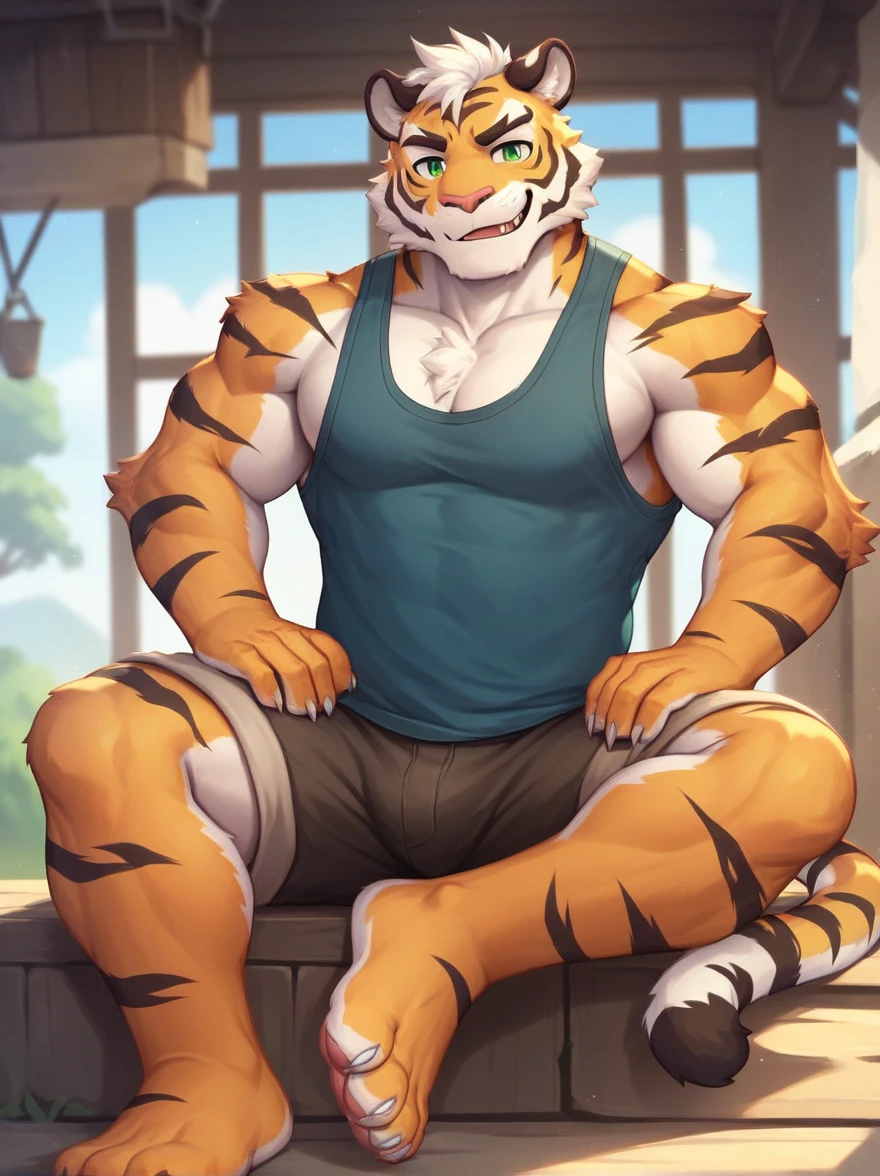 (masterpiece, 4K, ultra detailed), a tiger furry, single, masculine, dark red fur, smooth lining, waterfall, noon, muscular, sexy, , frown, eight-pack, cartoony, anime, teenage, brown anime eyes, 