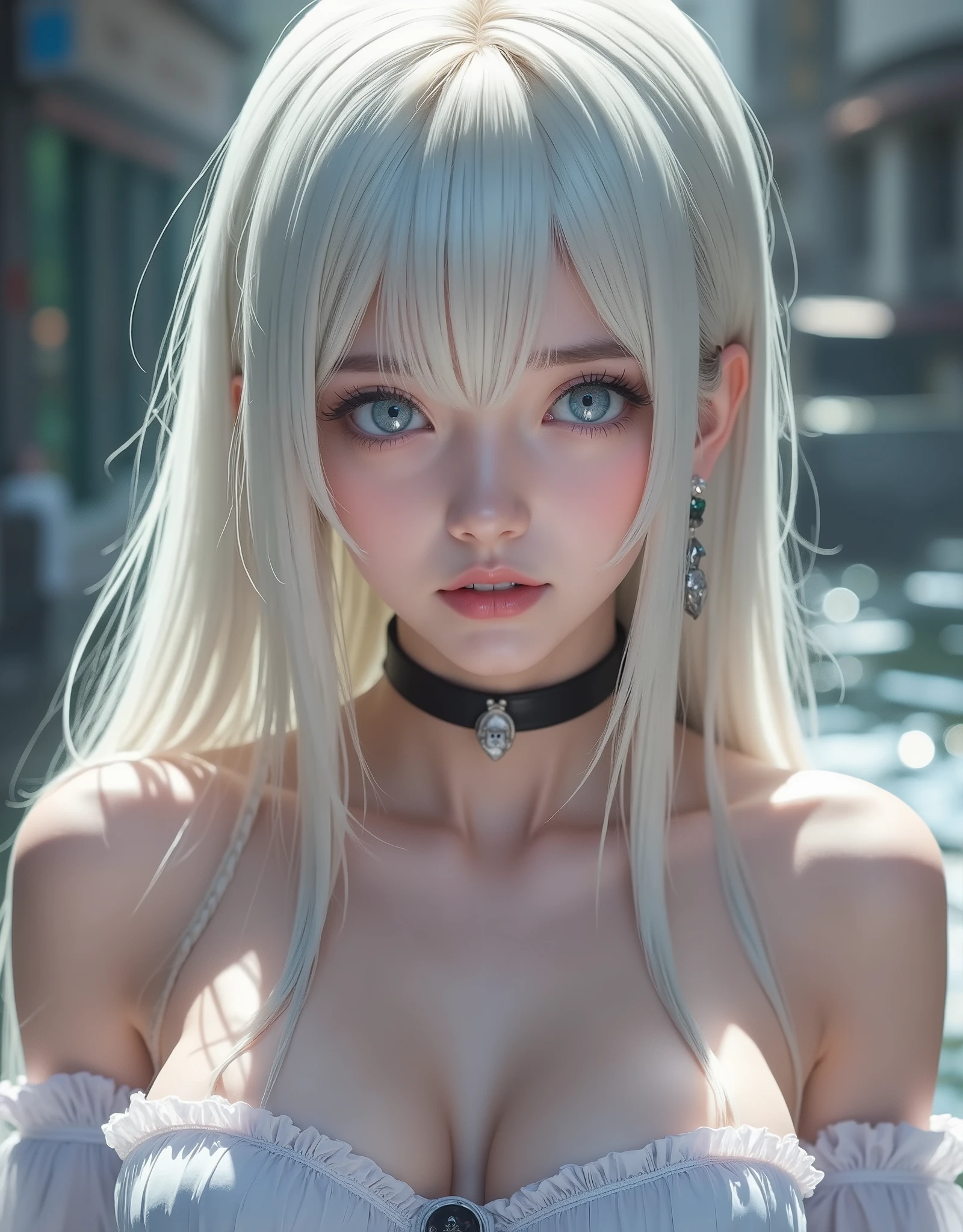 Close up hyperrealistic by Nanatsu no Taizai,white hair,Ultra-detailed heterochromy eyes,emphasized bust,RAW photograph,photorealistic,masterpiece,High quality,definition 8k ,clothing,REALISTIC ANIME STYLE,fantasy background, cinematic lighting