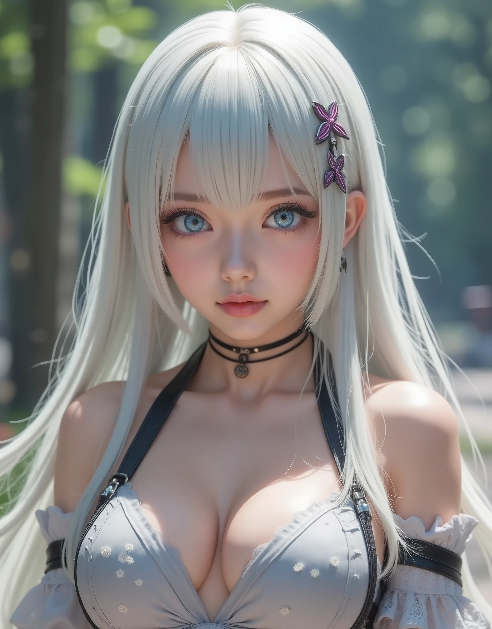 Close up hyperrealistic by Nanatsu no Taizai,white hair,Ultra-detailed heterochromy eyes,emphasized bust,RAW photograph,photorealistic,masterpiece,High quality,definition 8k ,clothing,REALISTIC ANIME STYLE,fantasy background, cinematic lighting