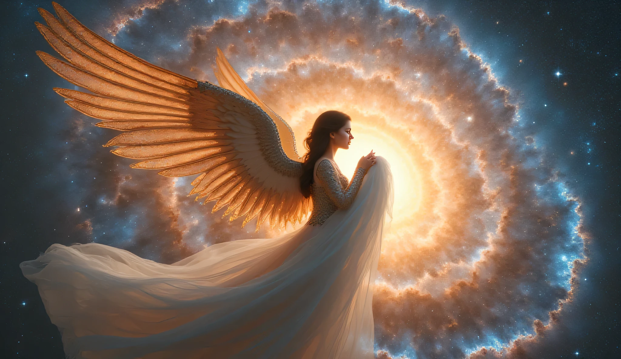 inside a giant spiral galaxy, an angelic woman glides gracefully on a star's arm. their wings shine in constellations, each feather is a small galaxy. they wear elegant armor made of rainbow-colored meteorites, their faces are gentle and sacred. behind them, black holes pulse with quiet power. The entire image is illuminated by the galactic wind and the distant sun. Monumental scale, 8k, ultra-detailed celestial fantasy, concept art style.