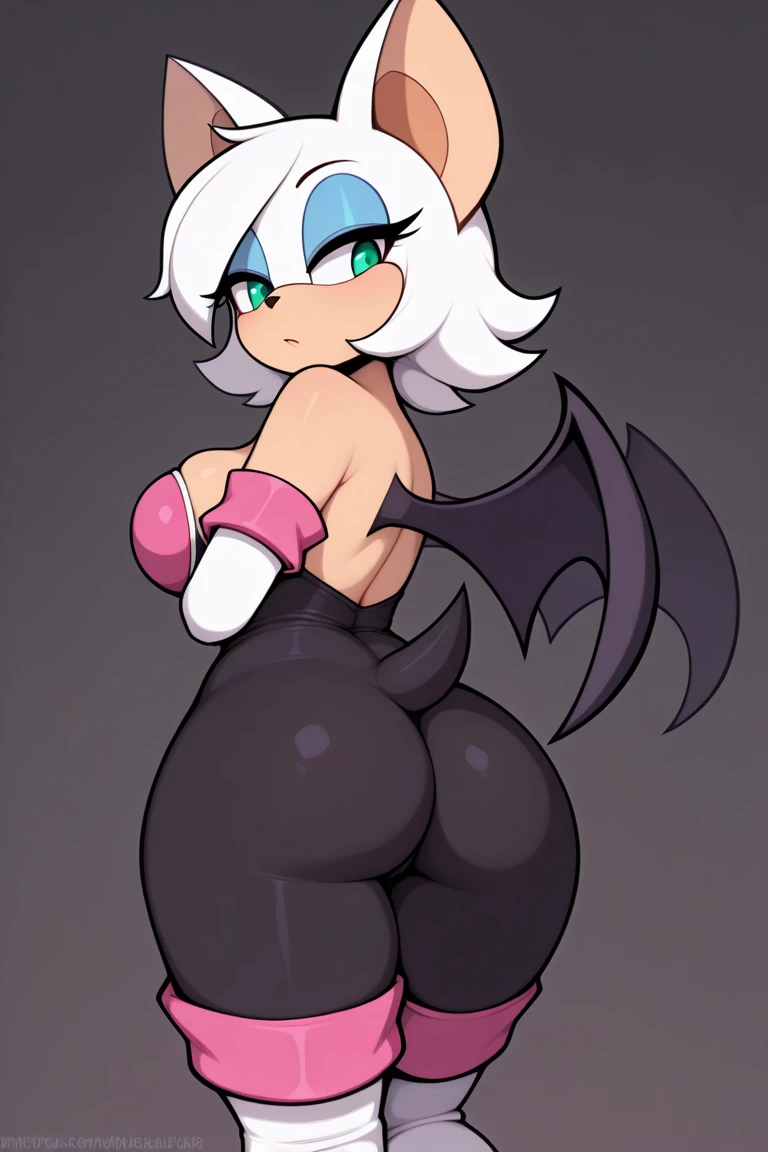 masterpiece,score_9, score_8_ up,rouge, animal ears, bat ears, bat girl, bat tail, bat wings, eyeliner, furry, furry female, green eyes, makeup, tail, white hair, wings, eyeshadow, Big Breasts,big ass,whole body,alone,