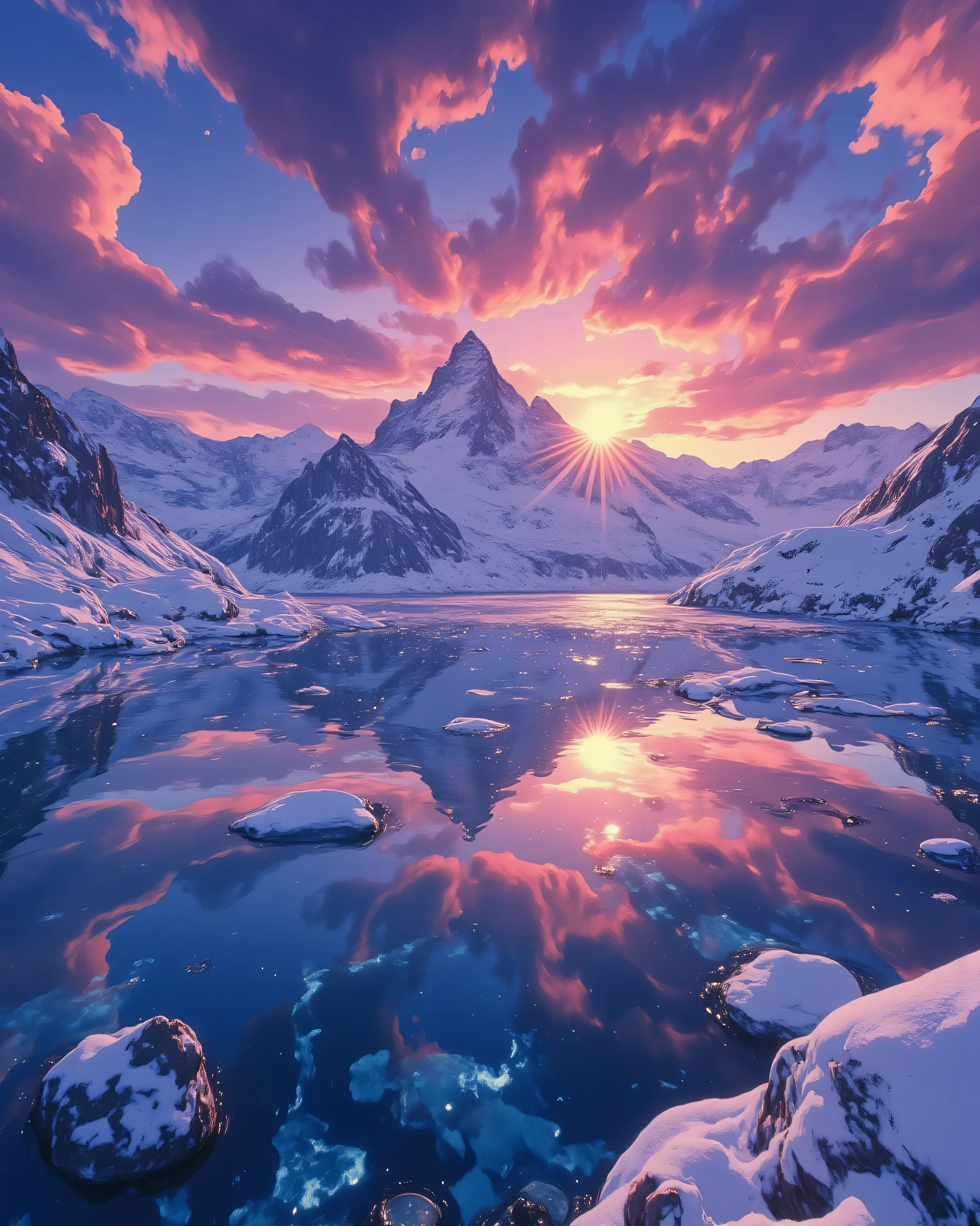 A divine sunrise over snow-capped Himalayan-like mountains, where the first rays of the sun ignite the sky in a symphony of crimson, lavender, and azure, reflecting off a crystal-clear glacial lake that shimmers like liquid sapphire. Ethereal clouds dance in the light, forming halos around jagged peaks, with faint aurora-like glows adding a mythical aura. Serene and awe-inspiring, in the style of Alphonse Mucha and Studio Ghibli, intricate details, dramatic god rays, epic fantasy realism, 4k, panoramic view –ar 2:1 –stylize 750