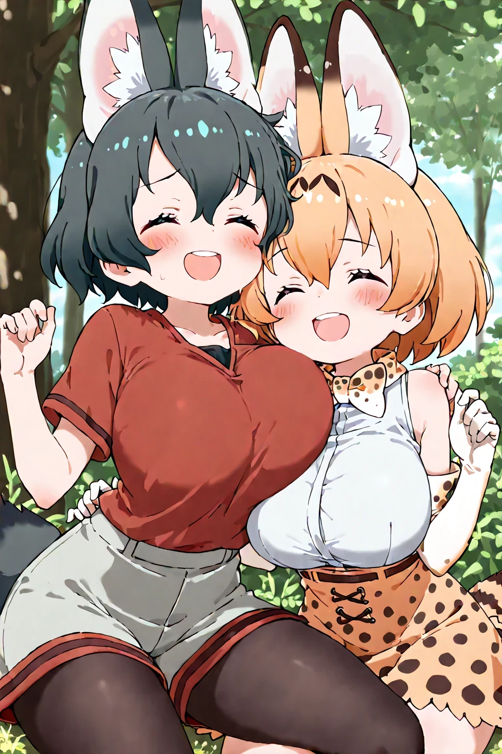 (2girls:1.5), (anime screencap:1.2), score_9, score_8_up, score_7_up, source_anime BREAK best quality, ((masterpiece)), highly detailed, ultra-detailed, (illustration), (beautiful detailed eyes) BREAK kaban chan (kemono friends), red shirt , light grey shorts , black pantyhose, huge breasts, BREAK serval (kemono friends), huge breasts, loli, aged down, petite, shortstack, thick thighs, cute, blush, flatshinyskin, closed eyes, smile, happy, furrowed_brow, open mouth, (tickling kaban chan waist), upper body, cheek-to-cheek,