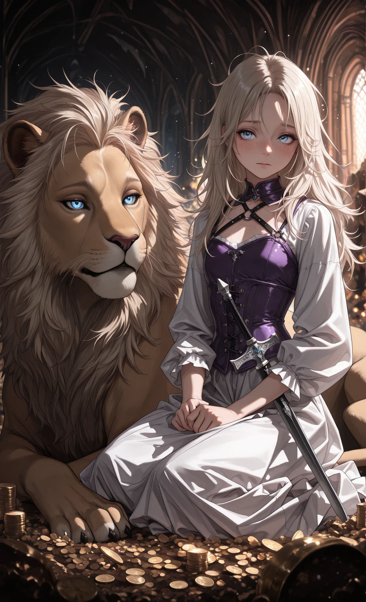 (masterpiece, best quality, ultra detailed, sharp focus, digital painting:1.4),
studio portrait, character focus, detailed illustration, depth of field,
1girl, little girl, child, wasian, delicate features, model face, freckles, freckles on chest,
platinum blonde long hair, himecut, no bangs, messy hair, bright blue eyes, dreamy eyes, shy expression,
(fantasy warrior outfit), wearing purple corset and harness, cream long skirt, silver jewelry, (holding a small sword),
sitting on a giant lion, riding lion, (inside a large treasure cave), next to open treasure chests filled with gold coins and riches, glowing particles, cinematic lighting,
warrior, adventurer, pet lion companion, finding treasure,
watercolor style, soft lines, pastel colors, high contrast, HDR, fantasy art, detailed background, (HK8Style)