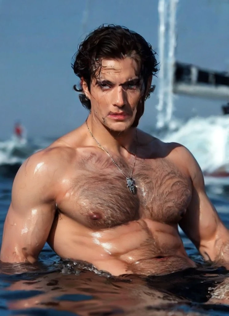 masterpiece, best quality, high resolution, closeup portrait, male focus, solo focus, A man, 50 years old, daddy, unbuttoned undone ????????????, visible bulge in oants, silver grey hair, messy hairstyle, cute and seductive face, ???? ?????, body hair, facial hair, roman nose, scruffy, hairy abs, skinny body, hairy legs, dimples, beard, bold jawline , attractive mature and fit man on a boat in lake, in the background a lake, view from below, amazing composition, front view, HDR, ultra quality, elegant, highly detailed