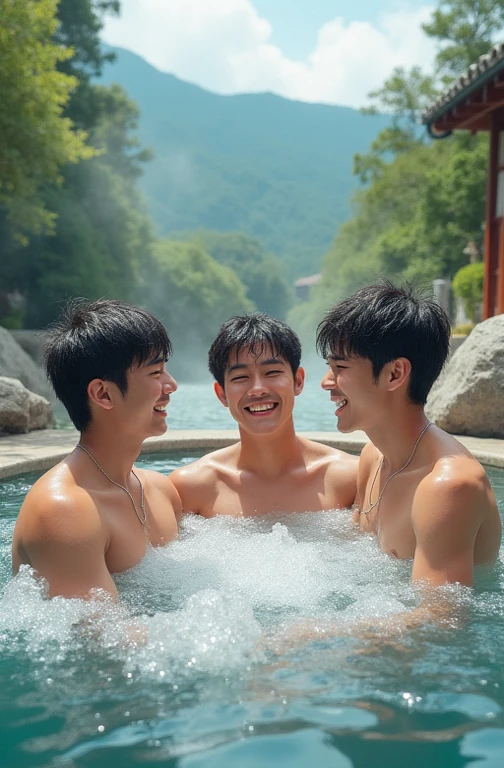 Two men who are almost indistinguishable、Japanese men、Shaved head、Enlarged muscles、Sitting upright、The whole body is visible、At the hot springs at night、While showing off some very revealing and brightly colored boxer briefs.、A bold yet still childish vibe、Open your mouth and smile、Relaxed atmosphere、shoulder to shoulder