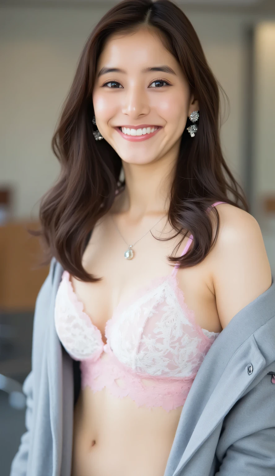 (high quality, high resolution, masterpiece, 8K, detailed:1.2), (photorealistic, RAW photo, clear photo), Japanese starlet, pretty and beautiful woman, 20 years old, (sexy lingerie, pink and white lingerie, delicate patterned lace lingerie:1.3), (suit jacket, light gray jacket:1.25), (necklace, earrings), ((cleavage, medium breasts)), perfect proportions, perfect skin, realistic textured skin, happy expression, smile, natural make-up, pale pink lip, thin eyebrows, happy expression, smile, (detailed hair, wavy hair, dark brown hair), standing on the floor, office, meeting room