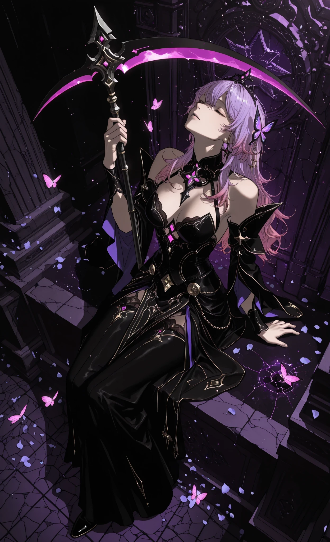 (masterpiece, top quality, over-detailed, absurdres:1.4), mzet, (gtsleep1200), (kaifei 29), fox-pop vli, kotteri, abbystea, otonoha aika,
(dark fantasy moon altar dungeon), ancient underground chamber, stone altar, glowing runes, (moonlight shaft from above), stone pillars, moss, cavern, (located in a dungeon core),
solo, 1girl, castorice (honkai: star rail), tiara, close eyes, head tilt, (invisible chair), (sitting on altar steps),
(holding ornate scythe), hugging scythe, glowing purple flowers in hair, glowing purple butterflies, purple theme,
(cracked liquid moon relief on wall), moonlight glow, light particles, purple petals, stars, dramatic, dark aesthetic, vintage (pastel colors), analogous colors, ethereal