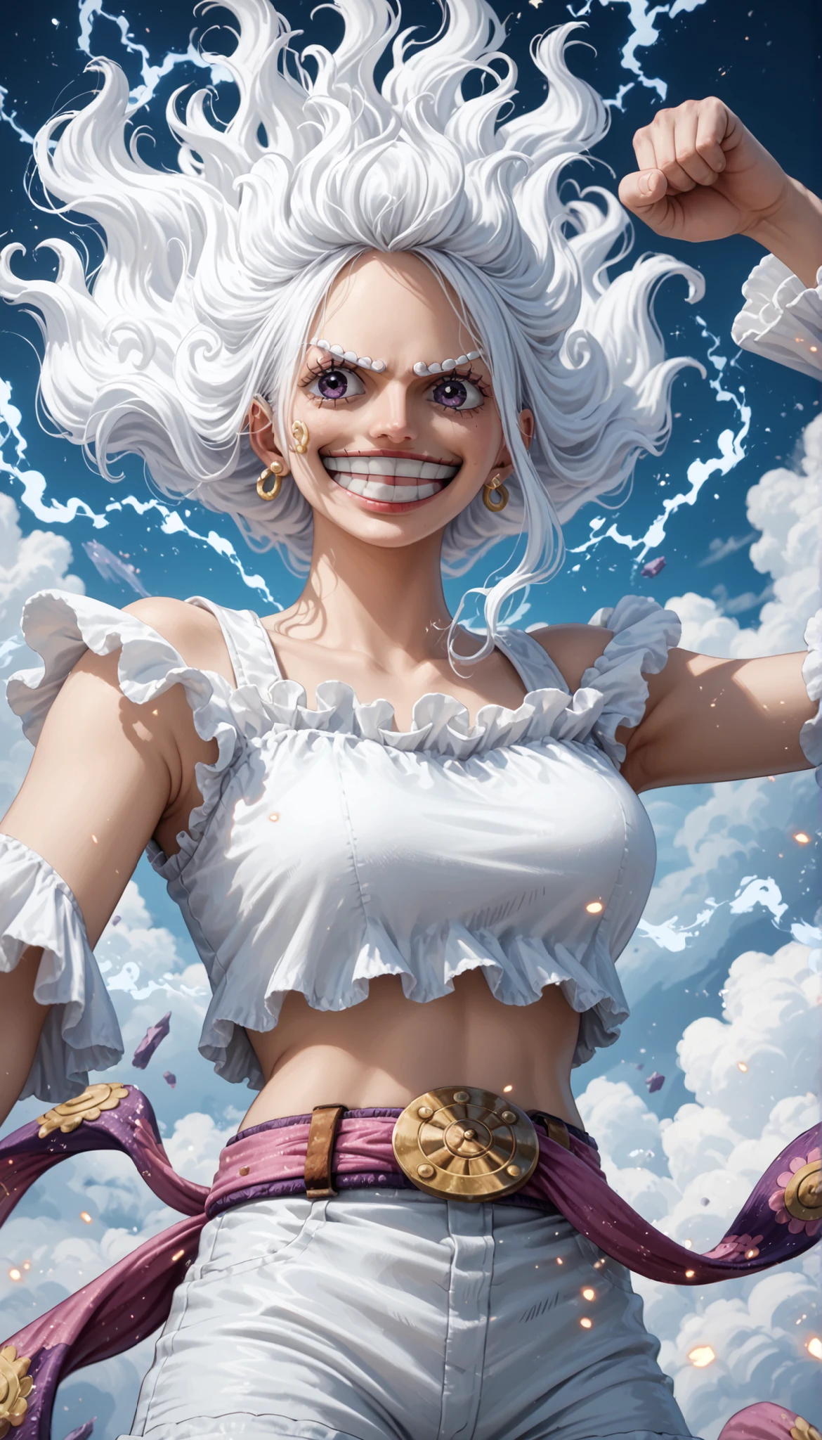Jewelry Bonney from One Piece, transformed into a Gear Fifth-inspired form: voluminous, cloud-like white hair floating upwards with magical energy, a playful, divine expression, and a wide smile. She wears a tight white crop top and white shorts, with a purple sash tied around her waist. Her skin glows with a divine light, and gentle wisps of energy swirl around her limbs, mimicking cartoon physics. She holds out one hand in an exaggerated, dynamic pose, while her body floats lightly in the air, full of power and joy. The scene is sparkling with shimmering fog and sparkles in the background. Hyper-realistic photo-realistic rendering, detailed skin texture, realistic lighting, and natural anatomy. long hair, white hair