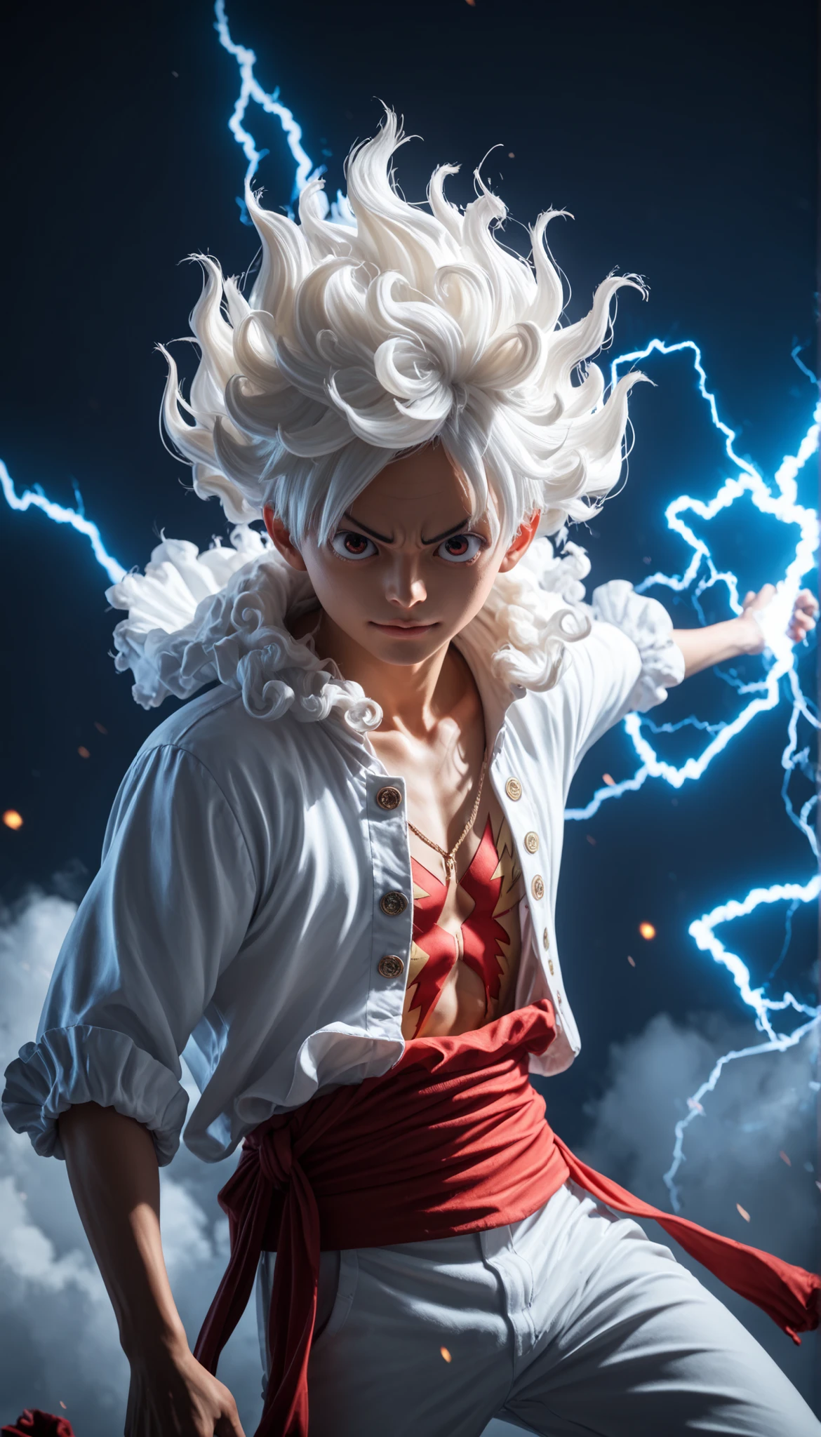Monkey D. Luffy in Gear 5 form, 3D anime-realistic style, dynamic lightning effects, white flowing hair, intense facial expression, glowing aura, high detail, cinematic background, dramatic lighting, full power effect.
