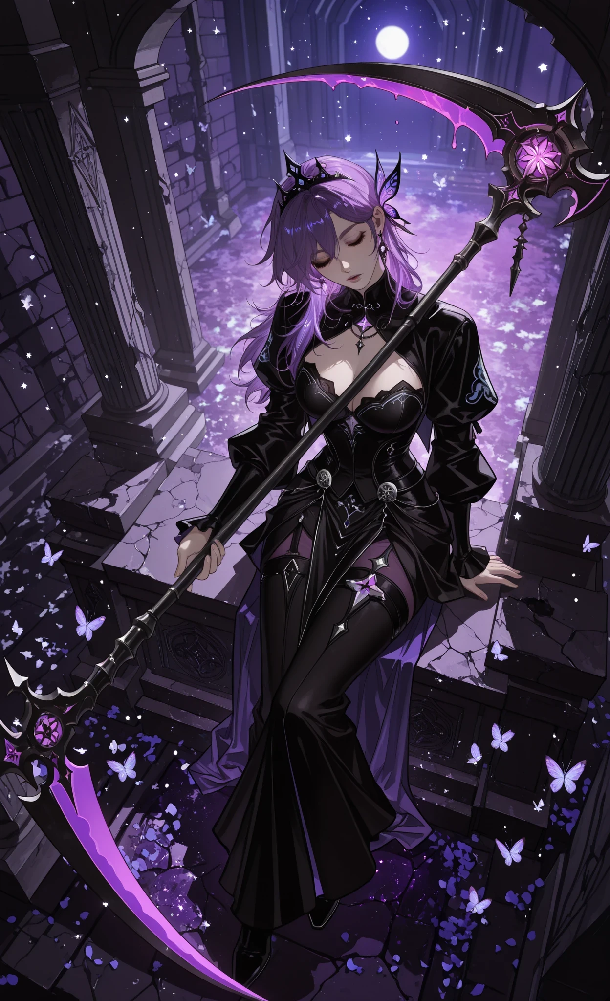 (masterpiece, top quality, over-detailed, absurdres:1.4), luoman19921, bombyoon, nat the lich, zhumojian,
(dark fantasy moon altar dungeon), ancient underground chamber, stone altar, glowing runes, (moonlight shaft from above), stone pillars, moss, cavern, (located in a dungeon core),
solo, 1girl, castorice (honkai: star rail), tiara, close eyes, head tilt, (invisible chair), (sitting on altar steps),
(holding ornate scythe), hugging scythe, glowing purple flowers in hair, glowing purple butterflies, purple theme,
(cracked liquid moon relief on wall), moonlight glow, light particles, purple petals, stars, dramatic, dark aesthetic, vintage (pastel colors), analogous colors, ethereal