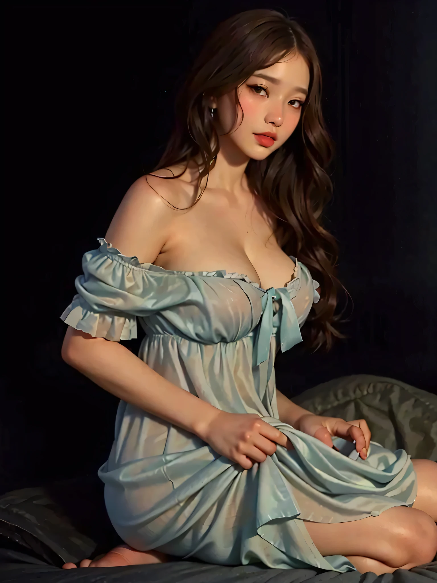 ,almond eyes,   full lips, large and voluptuous  . flirtatious look, , natural , curly hair, deva cassel, victorian dress, transparent pijama dress, beautiful  