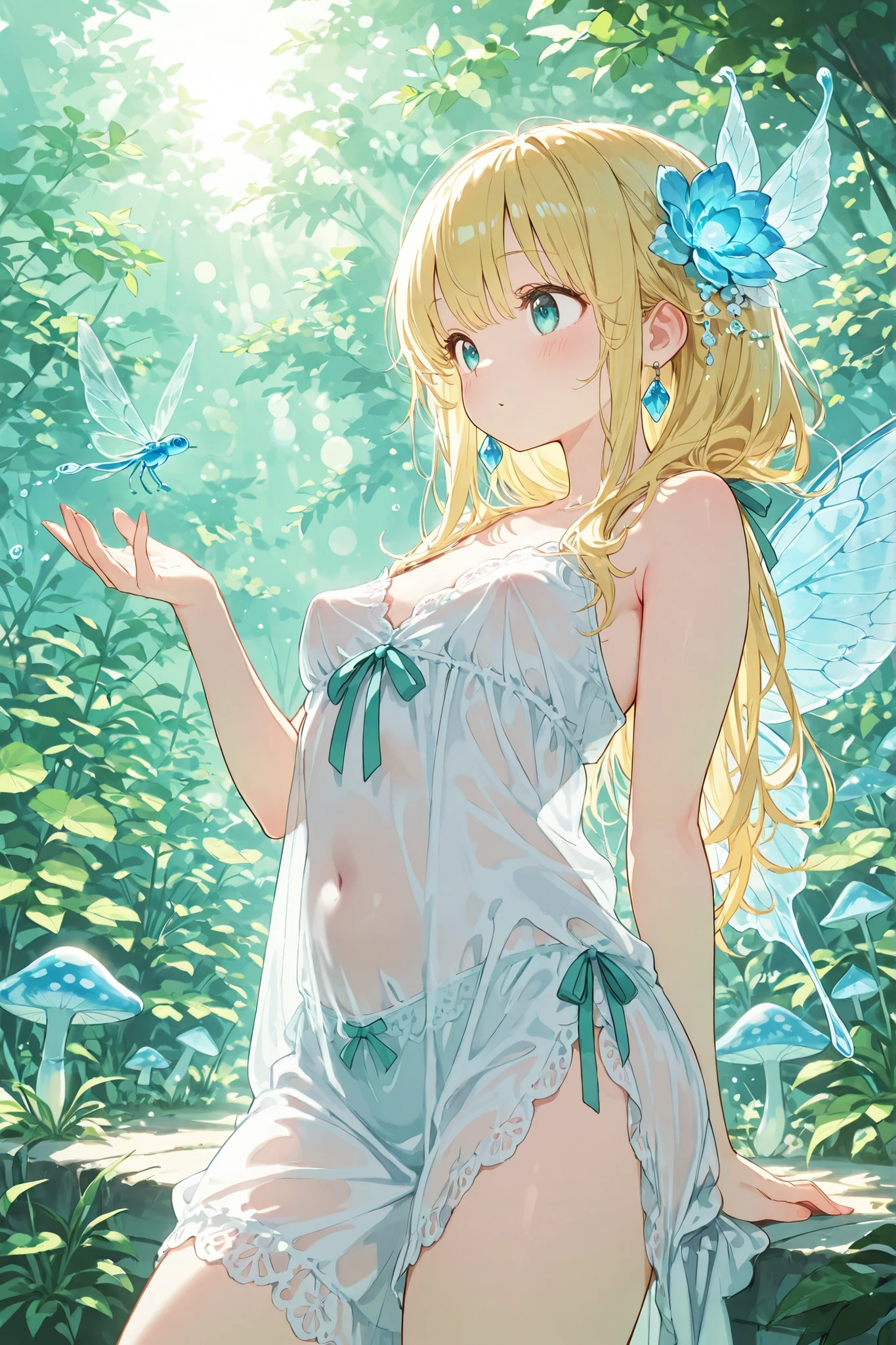 cute, tallの女性、(solo),solo,mature woman,tall、attractive thighs、masterpiece, Newest, vivid, cute, (masterpiece, details:1.2) top quality, Ultra High Definition, Original photo, beautiful fairy woman, medium chest、perky breasts、nipple protrusion under his clothes、detail navel , Translucent Dragonfly Wings, Flowing hair adorned with small flowers, Magical Aura, fantasy garden with giant mushrooms, bioluminescent plant , Characteristics of crystal water, spotted sunlight shining through leaves, Magical dust, Fantastic Lighting, Lens Flare, Dreamy Atmosphere, Fantasy World, detailsな肌の質感, Delicate features of , Aerial flight with graceful posture、see-through:1.5