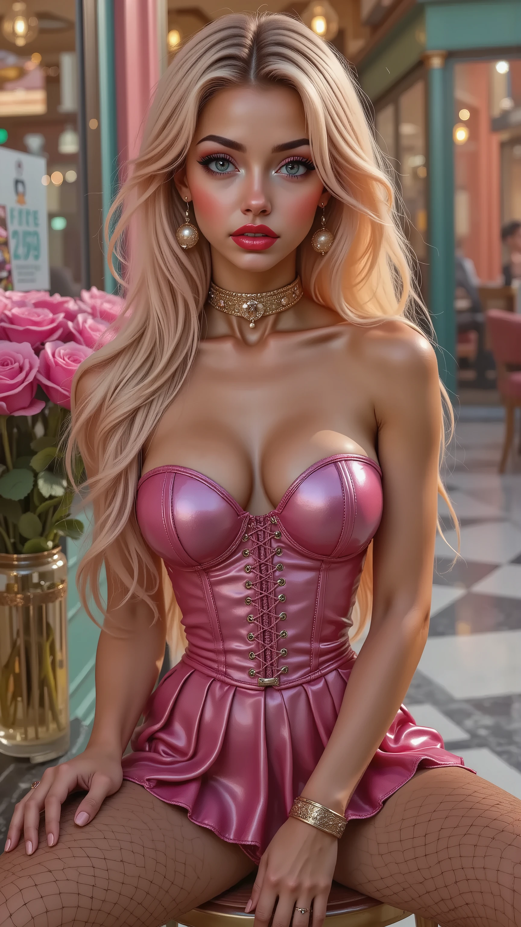 Ultra-realistic (photorealistic Realism) , (Key Directive: - The priority is the anatomical accuracy and texture of the materials - Ultra-sharp human eyes with biological accuracy) {Character: age19 with an toned extremly skinny athletic build | Face: A very beautiful and cute Woman, perfect face, perfect symmetrically eyes, red lipstick. her mouth is open in an expression of (orgasmic ecstasy) | Eyes: (acid-resistant terminology) (macro-details:1 . 5): * Moist corneal surface (visible aqueous layer:1 . 2) * Ultra-detailed iris stroma brown (with gold flecks) * Precise limbal ring (slightly darker pigmentation:1 . 22) - Lashes: blue individual synthetic fibers (crosshatched roots:1 . 2 , clump-free separation) (Post-Processing: - Frequency separation for skin vs eye details) (Avoid: pupil distortion , uncanny valley asymmetry , plastic-like wetness) | Skin: pale skinney and ultra tanned skin, Wet skin, (extremly skinny slim anorexic body) | Hair: ((insanly long flowing bright pink with blond high-lights shiny hair)) | Pose: she relaxes in luxurious 50s style café. Environment: (luxury 1950s-style cafe, sitting on a stool, near the window, interior in pastel warm colors, marble floor, sitting position on a chair (erotic scene)), Outfit: A dress a beautiful girl with a perfect figure in something nice, made of available materials [wearing ((Gothic corset style (extra smooth, shiny pink latex (tightly laced at the waist, body-hugging)), intricately detailed design:1.32))], [pink mini skirt ((pleated latex, tiny mini skirt:1 . 35), no_panties , (curvy)), wraps around the hips] [(fishnet stockings on legs)], [all here Latex Looks glossy and wet] (she is holding Pink /Purple Heart shaped handbag With gold chain)} | Lighting: - beautiful golden sunset light is touch here skin and body, Beautiful cinematic light (Rendering engine: Unreal Engine 5 path tracing, 16K texture maps), ((generate hands anatomically correct)).

