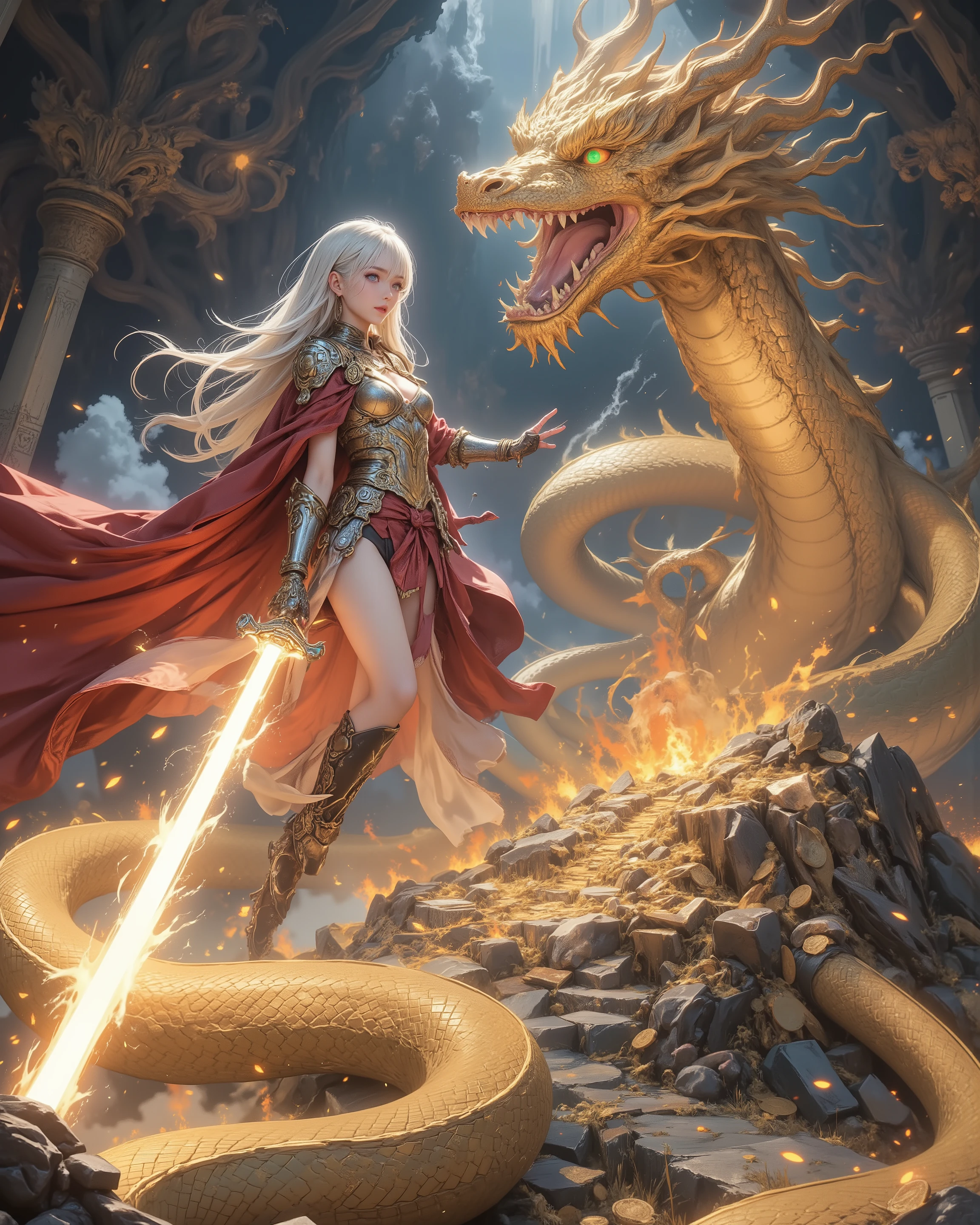 Masterpiece, ultra-detailed cinematic photoreal 8k, breathtakingly beautiful Dragon Quest female warrior in fierce final battle against a colossal golden treasure dragon inside vast ancient dungeon chamber, live-action style.

She has flawless porcelain skin with light sweat glow, perfect face, huge sparkling emerald eyes burning with determination yet shy blush, long silver-white hair whipping wildly. Wearing classic silver breastplate fully covering chest, silver bracers and greaves, red cape dramatically billowing. Long semi-sheer white silk loincloth veil tied at hips fluttering like a battle flag.

Dynamic heroic pose: mid-air leap toward the dragon, body arched in perfect S-curve, both hands gripping glowing holy sword raised high for a devastating downward slash, toned abs and thighs tensed, chest heaving, hair and veil streaming backward.

Enormous majestic golden dragon coiled protectively over mountain of treasure, scales shimmering, massive wings half-spread, roaring with open jaws of fire, ruby eyes locked on her. Golden coins and jewels scattering from impact shockwave.

Dramatic rim lighting, intense fire glow vs cool blue dungeon light, swirling embers and dust, ancient runes flaring bright on floor, god rays piercing smoke, ultra-sharp focus on her determined yet embarrassed expression and sword tip, Canon EOS R5 85mm f/1.2