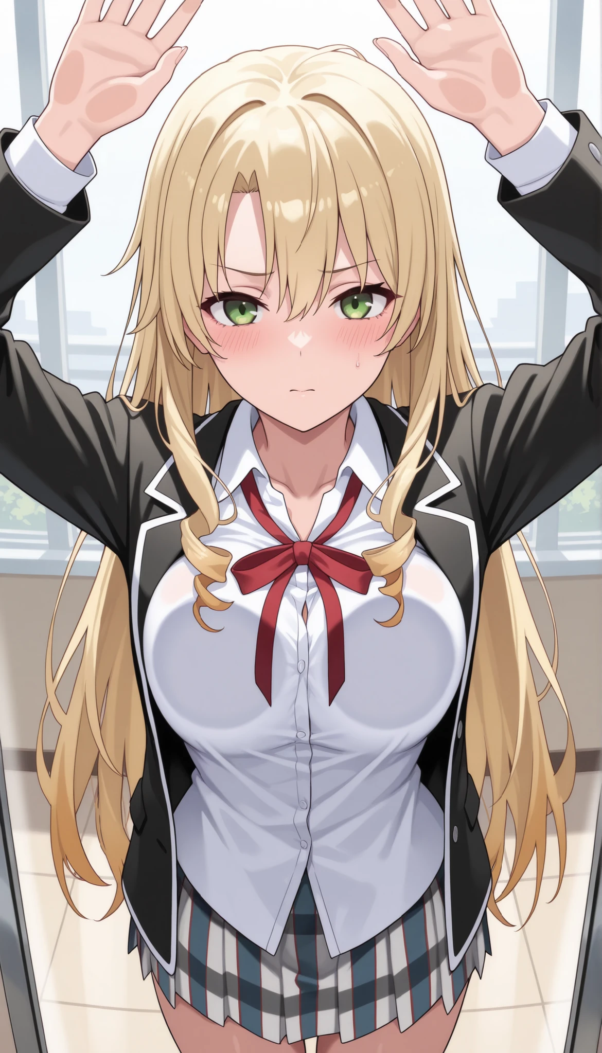 1Girl,soro,masterpiece, and above in Tokyo, Newest,, blush,shyly、 Miura Yumiko,gradation hair, Blonde,very long hair,green eyes, Sobu high school uniform,black jacket,white shirt,skirt,red ribbon,,black knee-high, , breasts_on_glass,breast_press,
example: breasts_on_glass,breast_press ,.
,<lora:breasts_on_glass:1>, breasts_on_glass,breast_press.School Uniform
