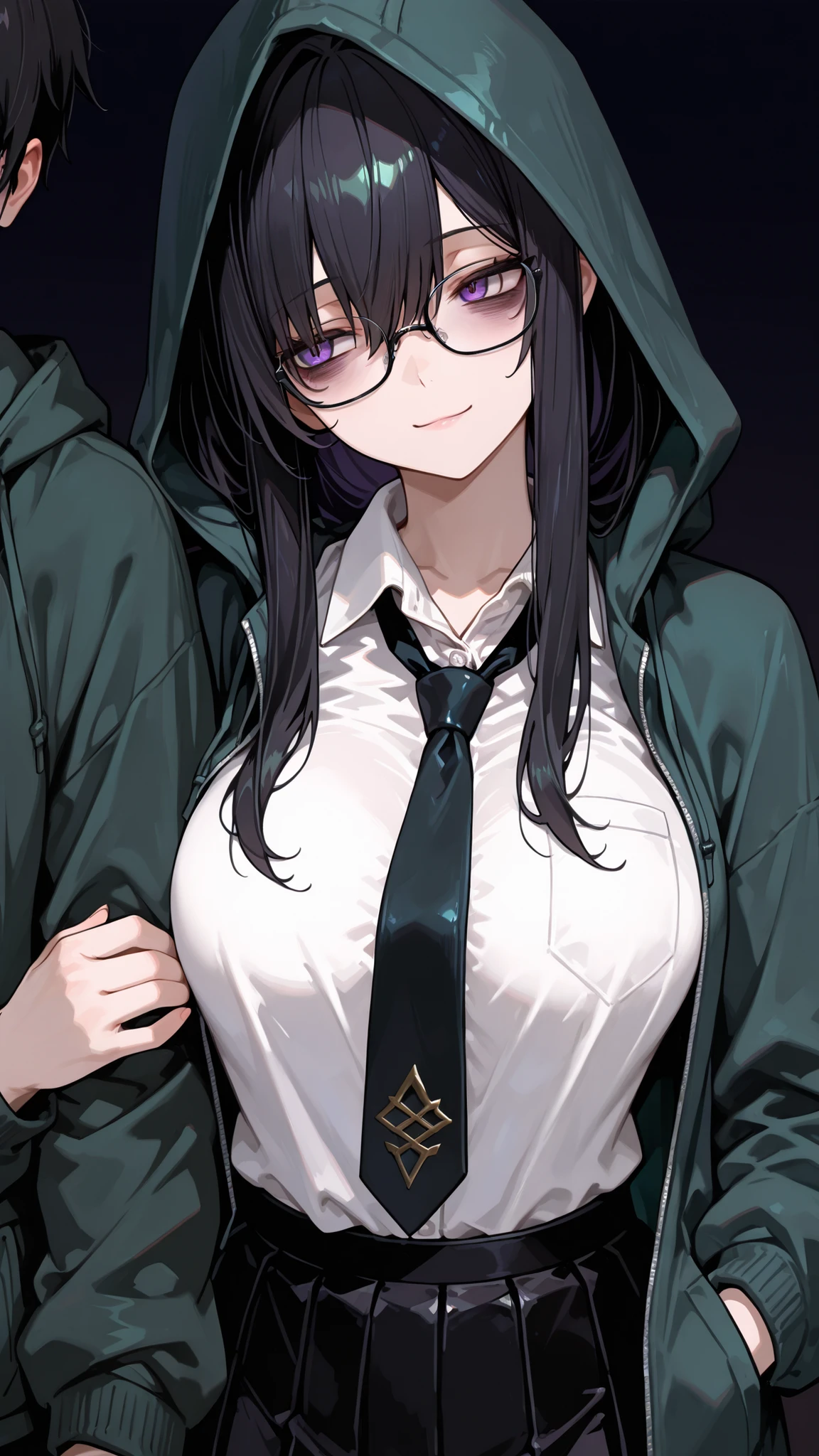 gamerexia, masterpiece, best quality, absurdres, 1girl, solo_focus, medium_breasts, purple_eyes, glasses, black_hair, long_hair, sidelocks, hair_berween_eye, long_sleeves, mature_female, white_shirt, dark green hoodie, open hoodie, black_necktie, school_uniform, standing, tall, black_hair, bags under eyes, curvy, hood_up, light_smile, dark background, upper_body, head tilt, black_skirt, pleated_skirt, plain_shirt, 1boy, side-by-side, arm_hug, hand_on_another's_arm, 