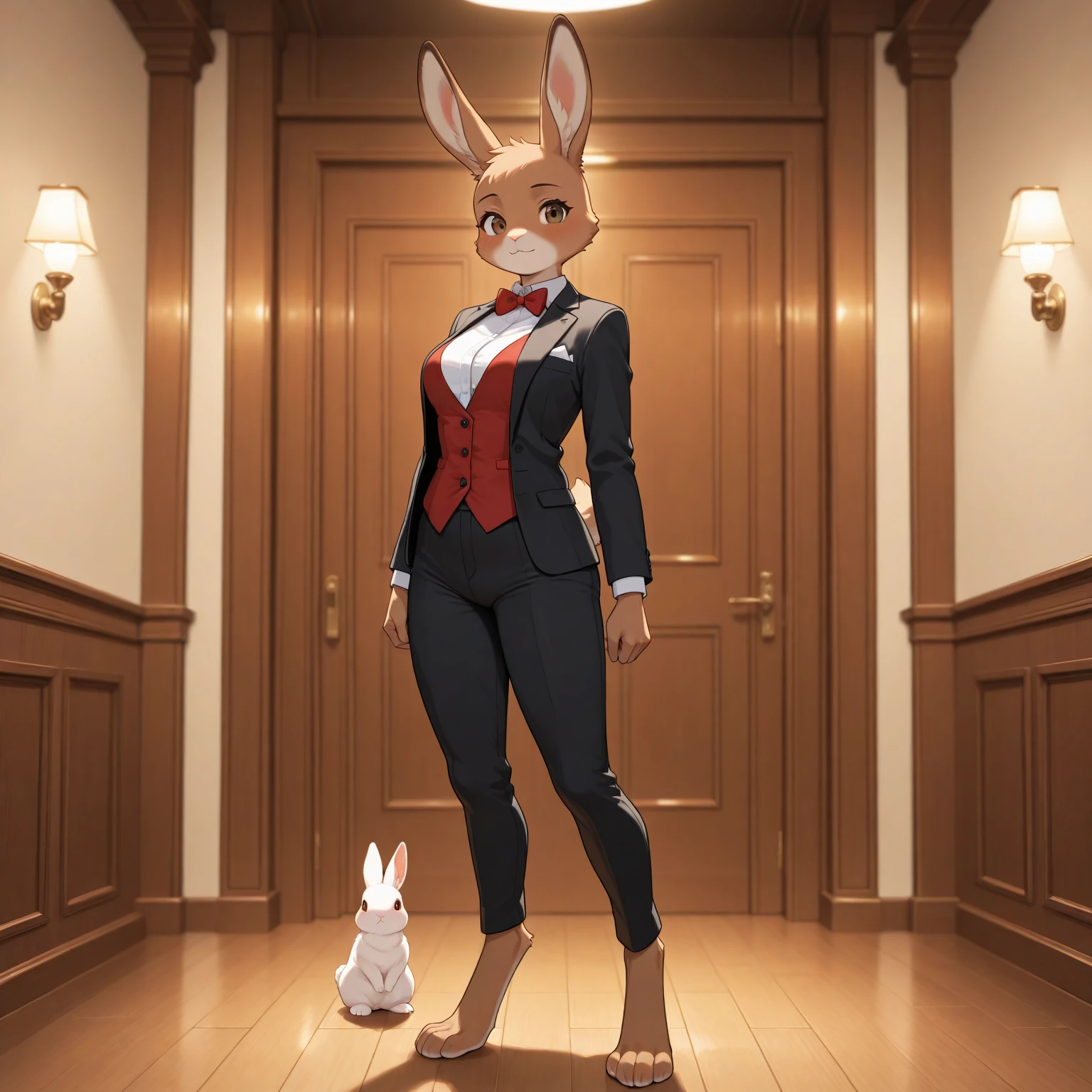 best quality,
masterpiece,
3D anime,
(((solo))),
(((1girl))),
((Face is JudyHopps)),
(long ears like a rabbit:0.8),
Heir is in a black ponytail style,
Body is human lady,
She is a new employee,
Hers outfit is business suit,
She is wearing a black jacket over a white blouse,
She is wearing a black skirt,
(the suit is made of wool:1.4),
((skin is silver with fluffy and fluffy)),
(portrait view),
In the background there is a green leaves,
((Her expression shows a fresh fresh smile)),
((She is standing straight with her back upright and her hands lightly clasped in front of her))