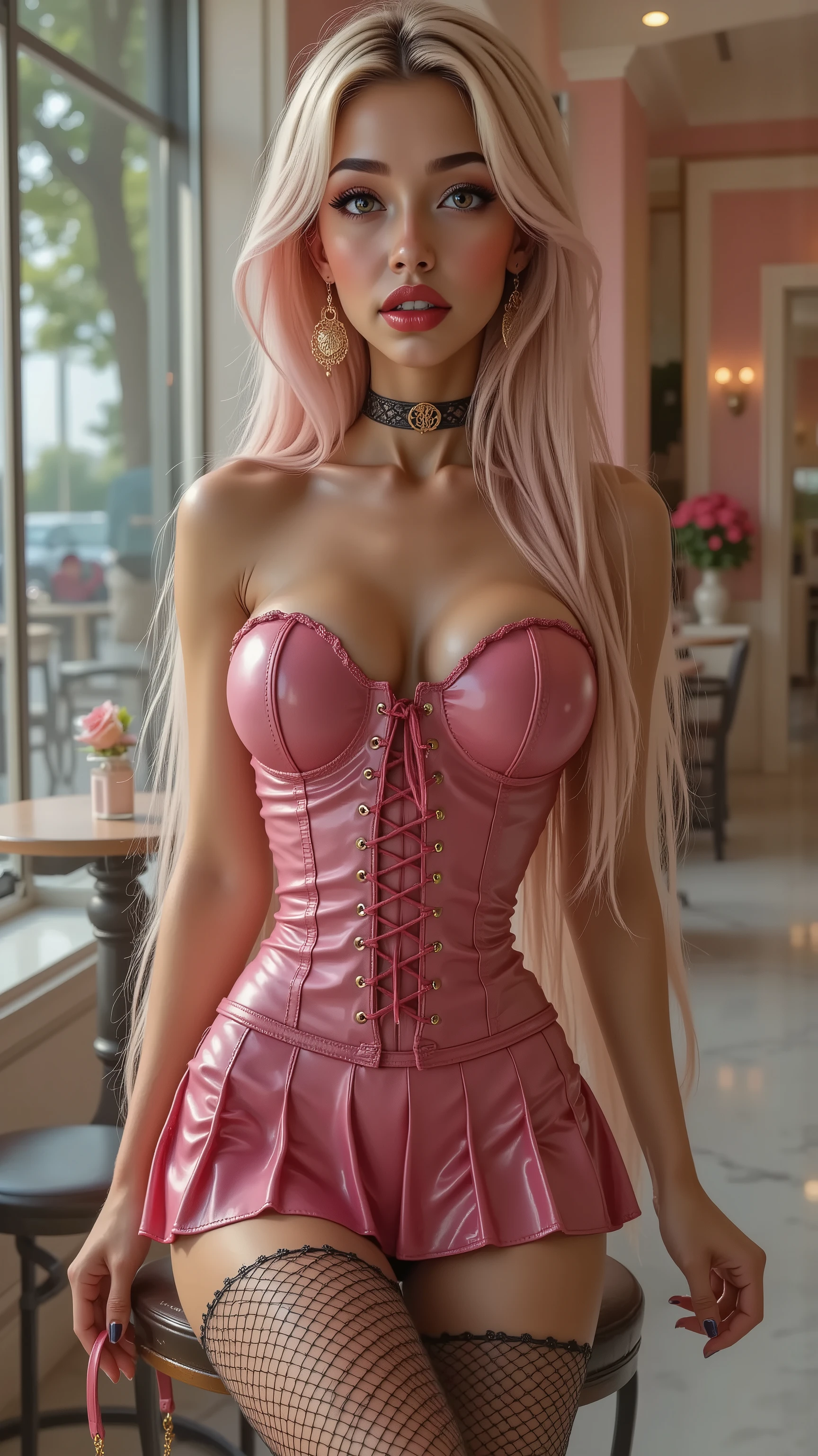  Ultra-realistic (photorealistic Realism) , (Key Directive: - The priority is the anatomical accuracy and texture of the materials - Ultra-sharp human eyes with biological accuracy) {Character: age19 with an toned extremly skinny athletic build | Face: A very beautiful and cute Woman, perfect face, perfect symmetrically eyes, red lipstick. her mouth is open in an expression of (orgasmic ecstasy) | "Eyes: (acid-resistant terminology) (macro-details:1 . 5): * Moist corneal surface (visible aqueous layer:1 . 2) * Ultra-detailed iris stroma brown (with gold flecks) * Precise limbal ring (slightly darker pigmentation:1 . 22)" - Lashes: blue individual synthetic fibers (crosshatched roots:1 . 2 , clump-free separation) (Post-Processing: - Frequency separation for skin vs eye details) (Avoid: pupil distortion , uncanny valley asymmetry , plastic-like wetness) | Skin: pale skinney and ultra tanned skin, Wet skin, ((extremly skinny slim anorexic body)) | Hair: [insanly long flowing ((bright pink with blond high-lights shiny hair))] | Pose: she relaxes in luxurious 50s style café. Environment: (luxury 1950s-style cafe, sitting on a stool, near the window, interior in pastel warm colors, marble floor, sitting position on a chair (erotic scene)), Outfit: A dress a beautiful girl with a perfect figure in something nice, made of available materials [wearing (Gothic corset style (extra smooth, shiny pink latex (tightly laced at the waist, body-hugging)), intricately detailed:1.32)], [pink mini skirt ((pleated latex, tiny mini skirt:1 . 35), no_panties , (curvy)), wraps around the hips] [(on her legs, black fishnet stockings:1.3)], [all here Latex Looks glossy and wet], ((she is holding Pink /Purple Heart shaped handbag With gold chain)) | Lighting: - beautiful golden sunset light is touch here skin and body, Beautiful cinematic light (Rendering engine: Unreal Engine 5 path tracing, 16K texture maps), (generate hands anatomically correct:1.35).

