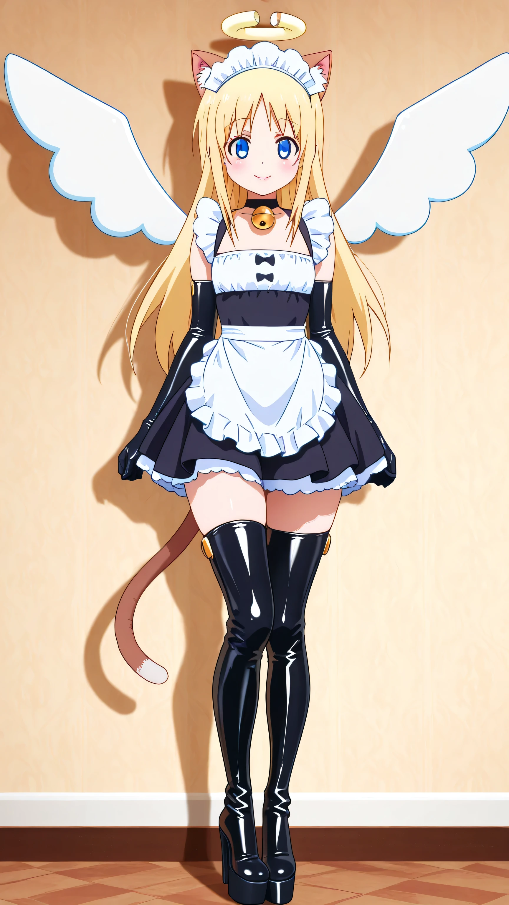 cat maid, latex maid uniform,  latex apron, cat ears, cat tail, maid, maid headdress, bell, waitress, blue eyes, blonde hair, long hair, angel, halo, wings, crimvael \(interspecies reviewers\),  otoko no ko, 1girl, solo, black high heels BOOTS, thigh-high boots, 8 inch heels,  platform boots, red lipstick, eyelashes, makeup,  glossy lips, masterpiece, dakimakura, high resolution, blush,  looking at viewer, standing up, masterpiece, best quality, high quality facial features, perfect eyes,  facing directly, 4k , 8k , high resolution, shown fully in frame, Perfect body woman, Well proportionated Symmetrical body, hip dips, full body shown, voluptuous body,  blue eyeshadown, horny, smiling, 