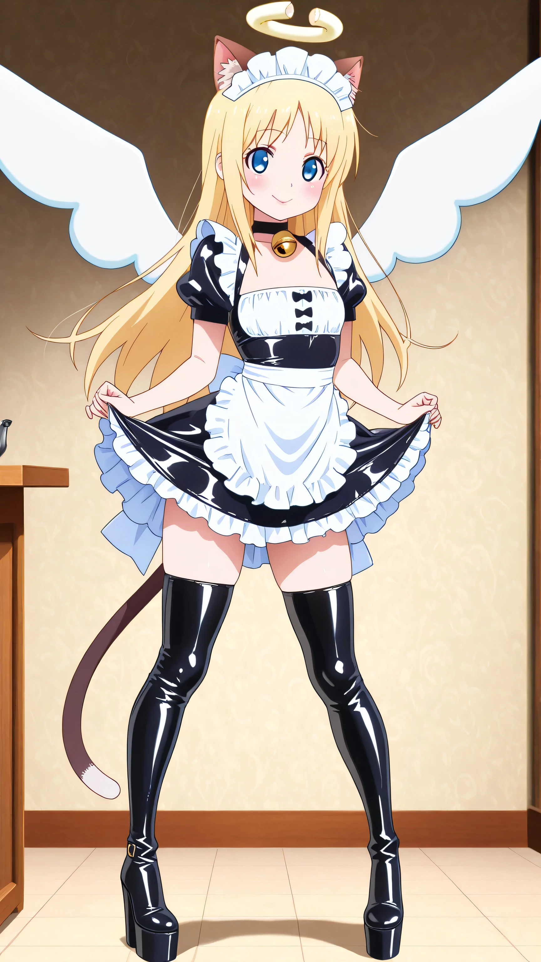 cat maid, latex maid uniform,  latex apron, cat ears, cat tail, maid, maid headdress, bell, waitress, blue eyes, blonde hair, long hair, angel, halo, wings, crimvael \(interspecies reviewers\),  otoko no ko, 1girl, solo, black high heels BOOTS, thigh-high boots, 8 inch heels,  platform boots, red lipstick, eyelashes, makeup,  glossy lips, masterpiece, dakimakura, high resolution, blush,  looking at viewer, standing up, masterpiece, best quality, high quality facial features, perfect eyes,  facing directly, 4k , 8k , high resolution, shown fully in frame, Perfect body woman, Well proportionated Symmetrical body, hip dips, full body shown, voluptuous body,  blue eyeshadown, horny, smiling, 