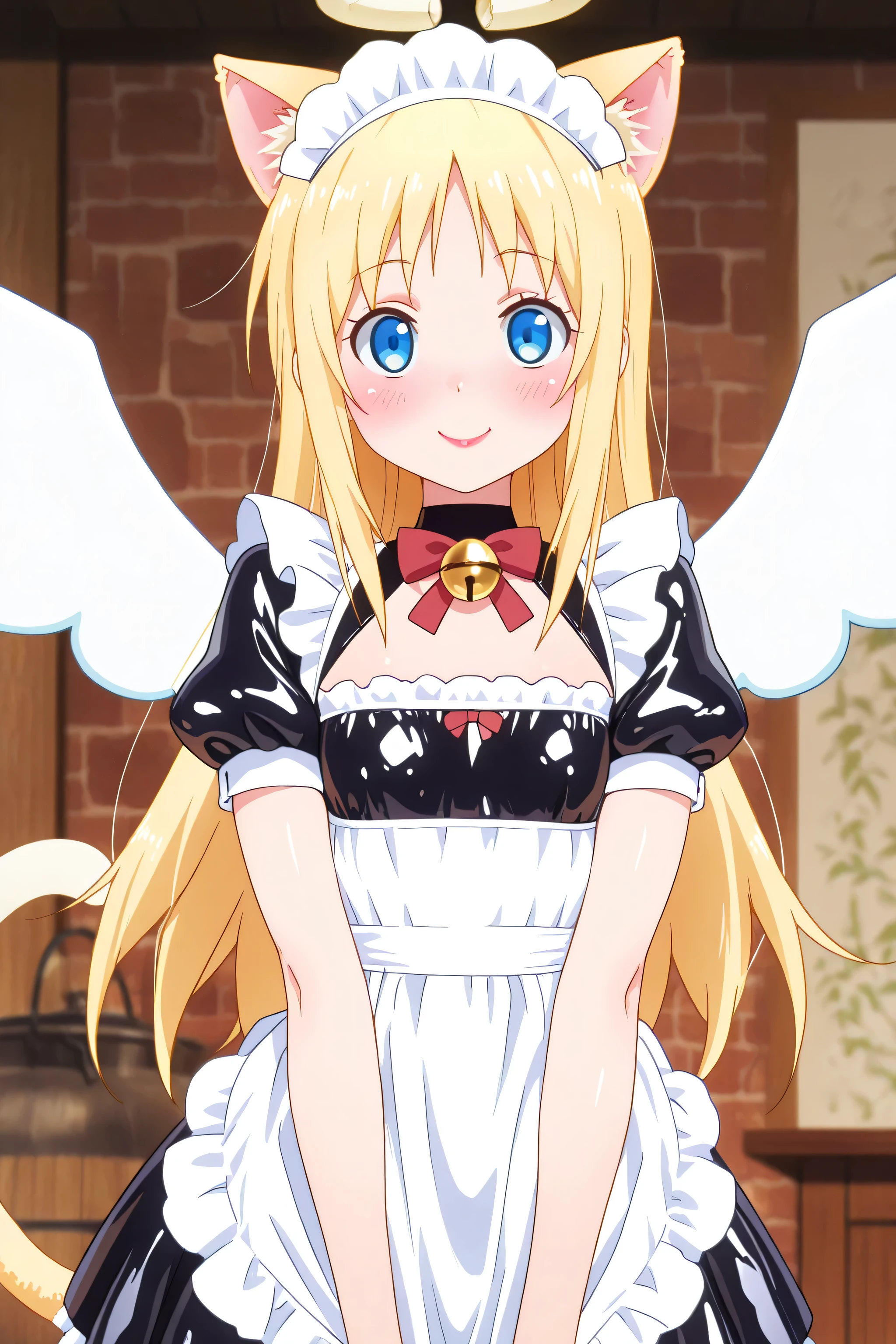 cat maid, latex maid uniform,  latex apron, cat ears, cat tail, maid, maid headdress, bell, waitress, blue eyes, blonde hair, long hair, angel, halo, wings, crimvael \(interspecies reviewers\),  otoko no ko, 1girl, solo, red lipstick, eyelashes, makeup,  glossy lips, masterpiece, dakimakura, high resolution, blush,  looking at viewer, standing up, masterpiece, best quality, high quality facial features, perfect eyes,  facing directly, 4k , 8k , high resolution, Perfect body woman, Well proportionated Symmetrical body, hip dips, voluptuous body,  blue eyeshadown, horny, smiling, blushing, red kissable lips