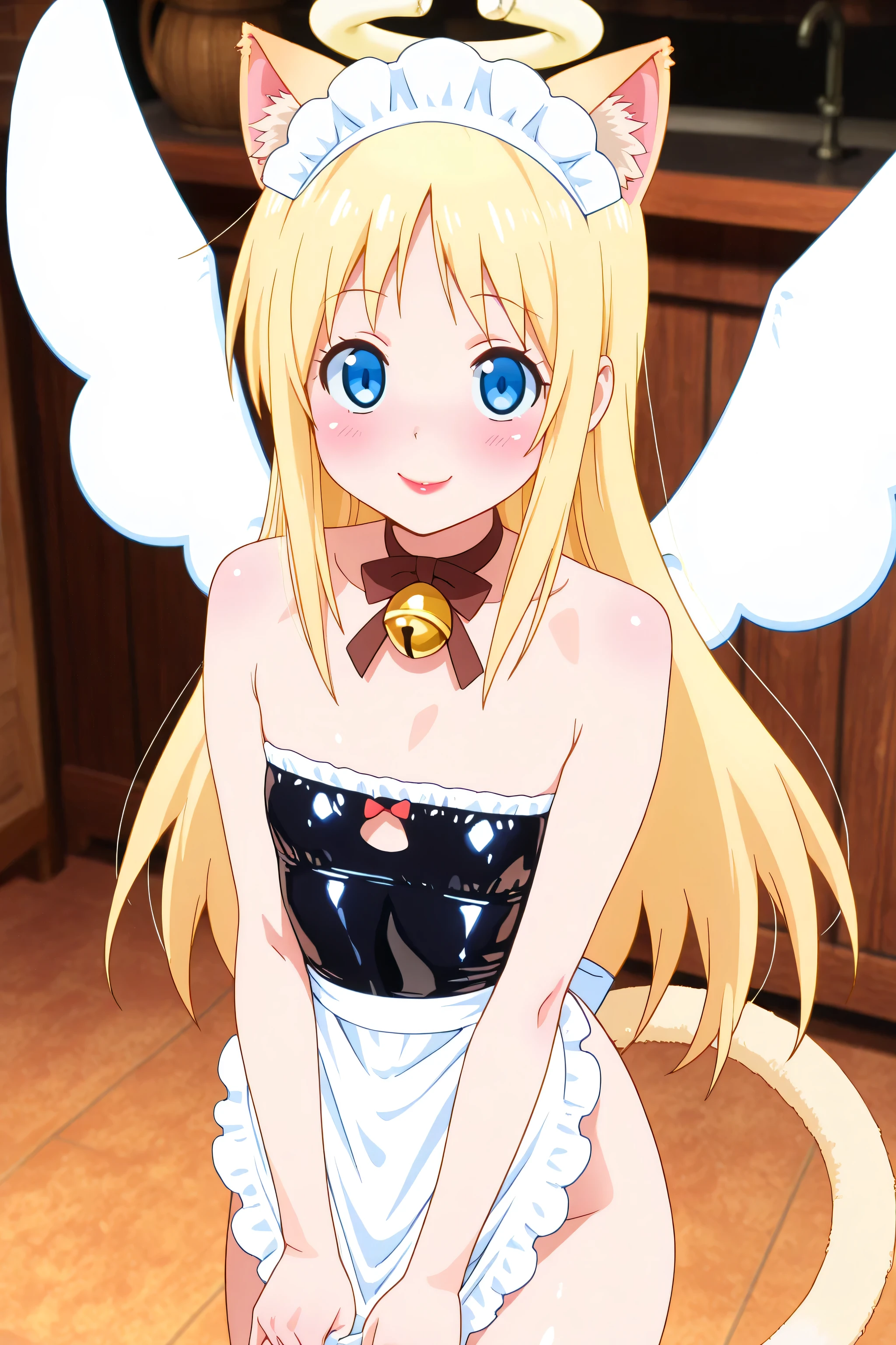 cat maid, latex maid uniform,  latex apron, cat ears, cat tail, maid, maid headdress, bell, waitress, blue eyes, blonde hair, long hair, angel, halo, wings, crimvael \(interspecies reviewers\),  otoko no ko, 1girl, solo, red lipstick, eyelashes, makeup,  glossy lips, masterpiece, dakimakura, high resolution, blush,  looking at viewer, standing up, masterpiece, best quality, high quality facial features, perfect eyes,  facing directly, 4k , 8k , high resolution, Perfect body woman, Well proportionated Symmetrical body, hip dips, voluptuous body,  blue eyeshadown, horny, smiling, blushing, red kissable lips