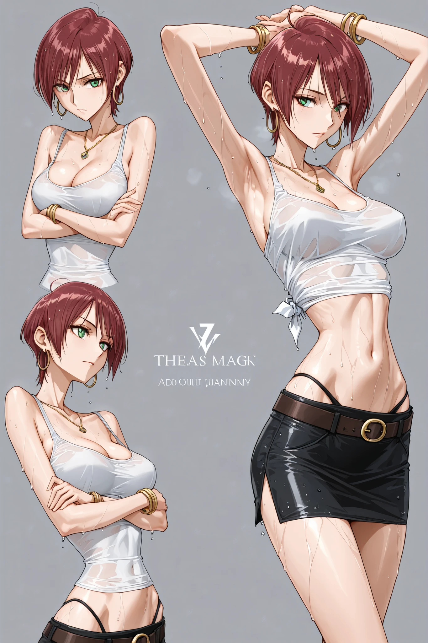 masterpiece, Best Quality,great quality, highest score , doujin style illustration, short hair, 1 girl, dark red hair, bigger breasts, green eyes, midriff, Chest,、 medium breasts, black skirt, white tanktop, wide belt, slender body, skinny, gold necklace, gold bracelets, hoop earrings, wet body, eye shadow, expressions, movement lines, stripping off shirt, arms crossed over head, thong imprint in skirt