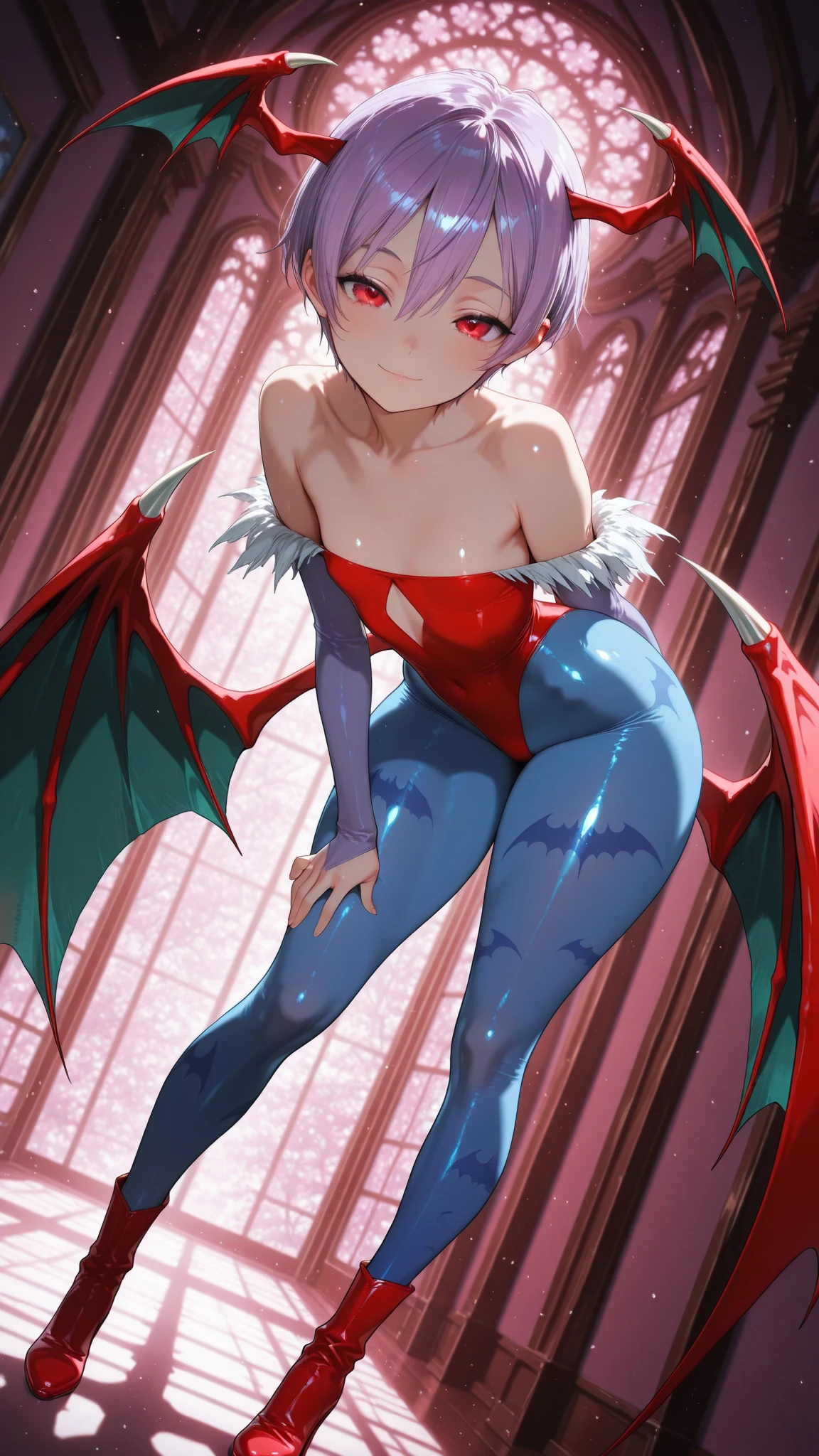 masterpiece, high quality, absurdres, 
solo, looking, looking down, changing room, surprised, embarrassed, adjusting clothes, loose clothes, full-face blush, 
<lora:Lilith_Aensland_IL:1> lilith (darkstalkers), animal print, bare shoulders, bat print, bat wings, demon girl, elbow gloves, flat chest, gloves, (black head wings:1.1), (black leotard:1.1), (purple pantyhose:1.2), print pantyhose, short hair, (purple wings:1.1), green hair,