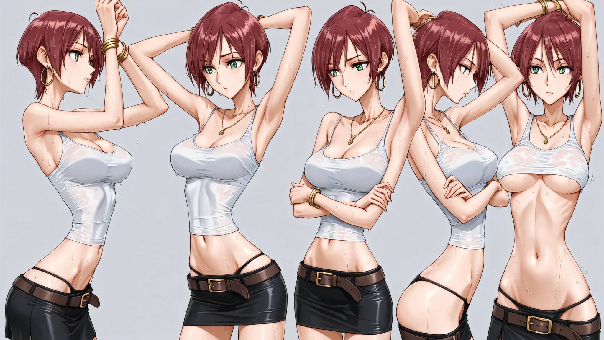 masterpiece, Best Quality,great quality, highest score , doujin style illustration, short hair, 1 girl, dark red hair, bigger breasts, green eyes, midriff, Chest,、 medium breasts, black skirt, white tanktop, wide belt, slender body, skinny, gold necklace, gold bracelets, hoop earrings, wet body, eye shadow, expressions, movement lines, stripping off shirt, arms crossed over head, thong imprint in skirt