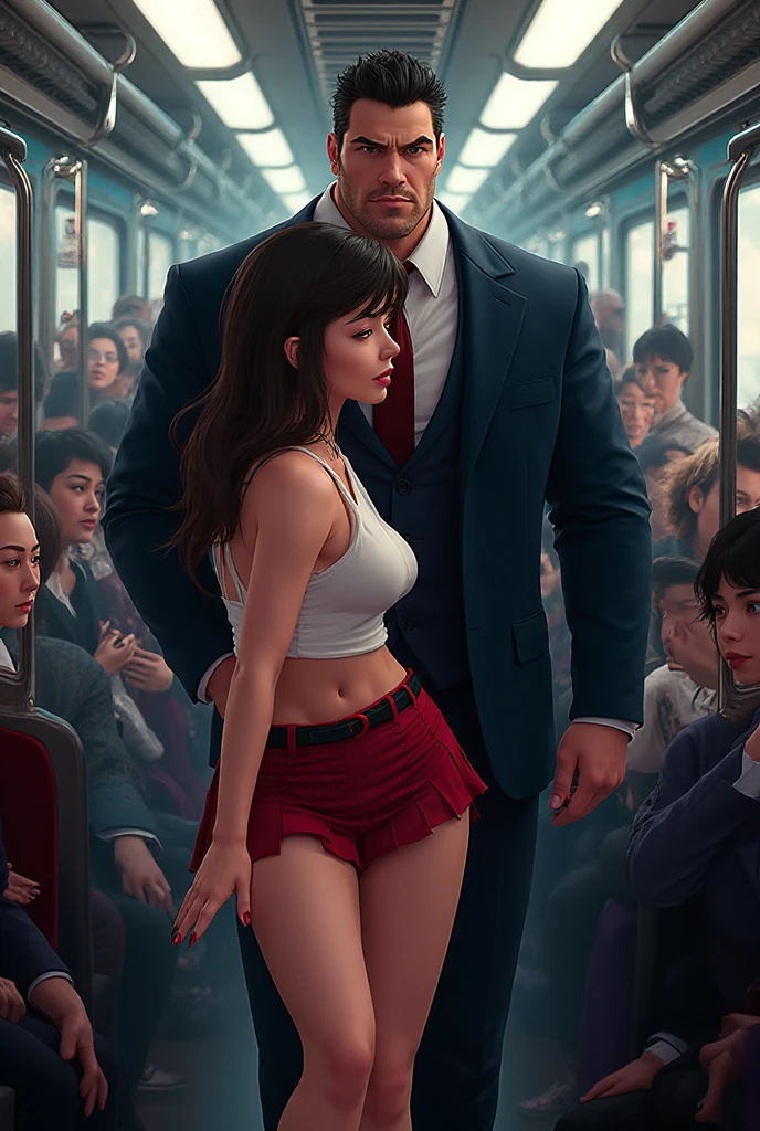 SFW, realistic, masterpiece, VERY crowded subway train interior detailed scenario, VERY crowded subway train interior detailed background, standing insanely hot (woman 1) using sexy , (big ass), (thick thigths), (fear expression), blhushed face, old small man ass  woman 1 ,(((old small man pressing his chest on woman 1 back))) and (((holding her waist behind her))), on humans, chain, breast slit, , , , group 