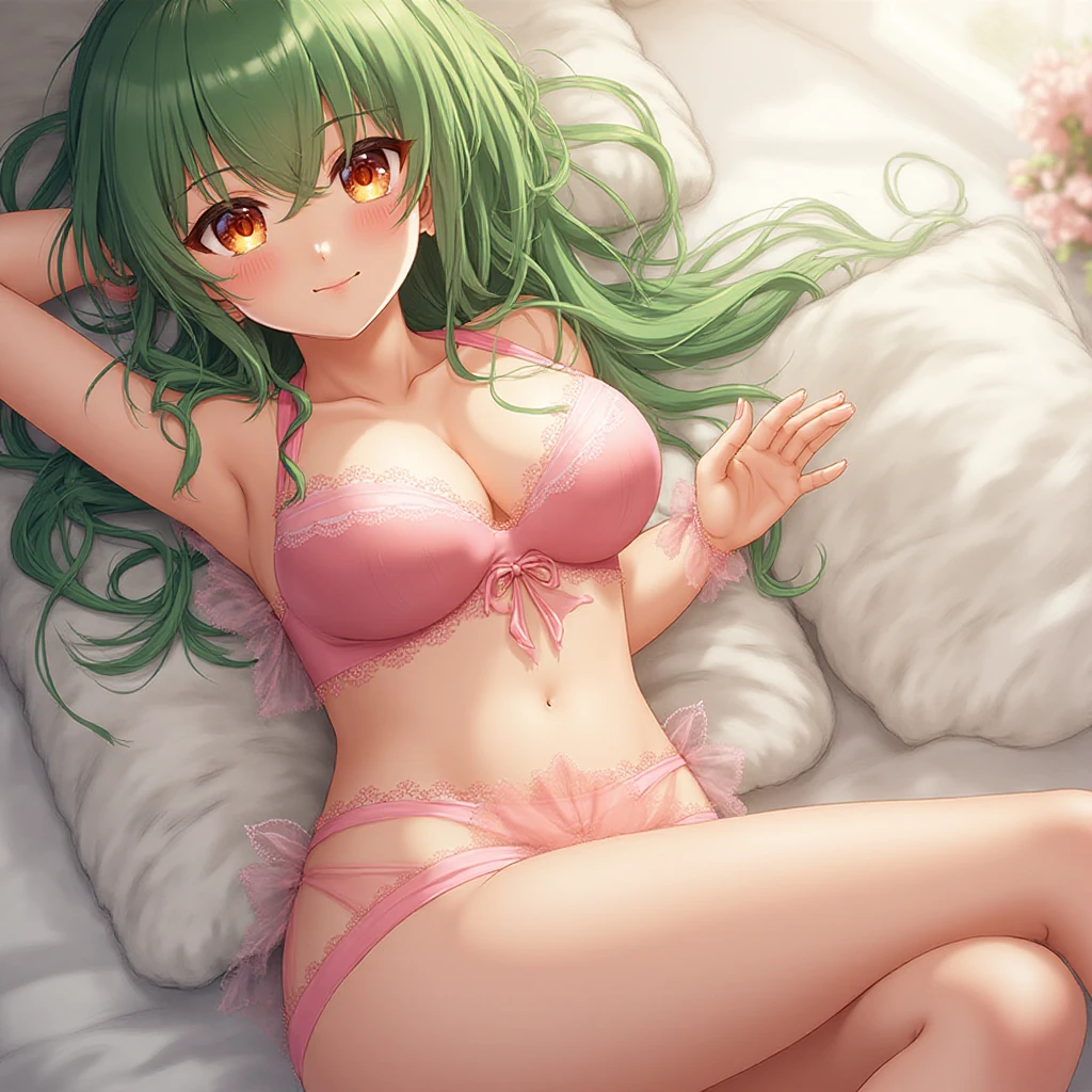 Midnight、((??????)), (exposure), japanese anime, on bed, beautiful face, beautiful legs, lying on bed, 1 female, white ?????????, detailed, 8k, ((opening both legs)), beautiful hair, green hair, (very dark room), ((M-shaped legs)), ((With ??????????)), night, at night, front、Facing front、gently smiling, whole bodyが見える, 4K quality, goddess, Cute Moe Anime, Healing, clear, A kind smile, Anime style Japanese hairstyle, Beauty, Clear Eyes, whole body, Cute Face, Perfect ???????, Smooth, beautiful hair, both legs opened,　Lying in bed、Thin legs、thighs, With ??????????、?????????, beautiful eyes, whole body、full body, ????, ???? posing, night time, dark room in the night, Hair ornaments, midnight, in the middle of night, goddess, older sister、Beauty、goddess、???????????、beautifu ???????, ???????, fairy, Fairy、Angel、????、Big ????、?????????????、Glamorous figure、Curly hair、Loose and fluffy、Plump、nature、nature, A room with lots of nature、Foliage plant、flower pot、candle、Candlelight、candlelight, maternal、Cottage、Wooden room、Wooden house、Cottage in the forest、Sacred Grove、holy forest, ?????????????、flower、Beautiful flower、Warm Light、