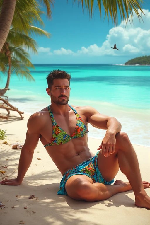 photo of a stunning handsome Dutch man, blue eyes, short messy windy blonde hair, flipping hair, closeup zoomed in tight crop portrait, walking down a (paradisiacal beach scene:1.2) wearing a (sunglasses surfer shorts ????????:1.3) (beach slippers on his hand:1.3) (Lighting-Gold:1.2) foreground objects background details (masterpiece:1.2) (photorealistic:1.2) (bokeh:1.2) (best quality) (color grading) (detailed skin:1.3) (intricate) (8k) (HDR) (cinematic lighting:1.3) (sharp focus), messy windy hair