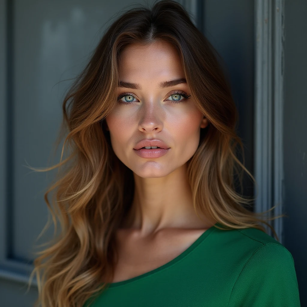 Portrait d’une magnifique parisienne blonde de 35 ans aux yeux verts, ultra realistic, 4K, super detailed. Long straight hair 