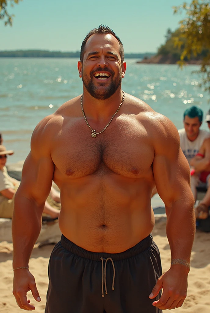 1 chubby man with extremely thick thighs , Careca, obeso, homem de meia idade, (((he is a construction worker he is working in construction)).camisa branca aberta mostrando a barriga e peitoral usando apenas sunga vermelha e meias, parado na rua, looking at the sky, luz do sol brilhante, Paradisiacal beach setting, gesturing with hands, conversando com o expectador 