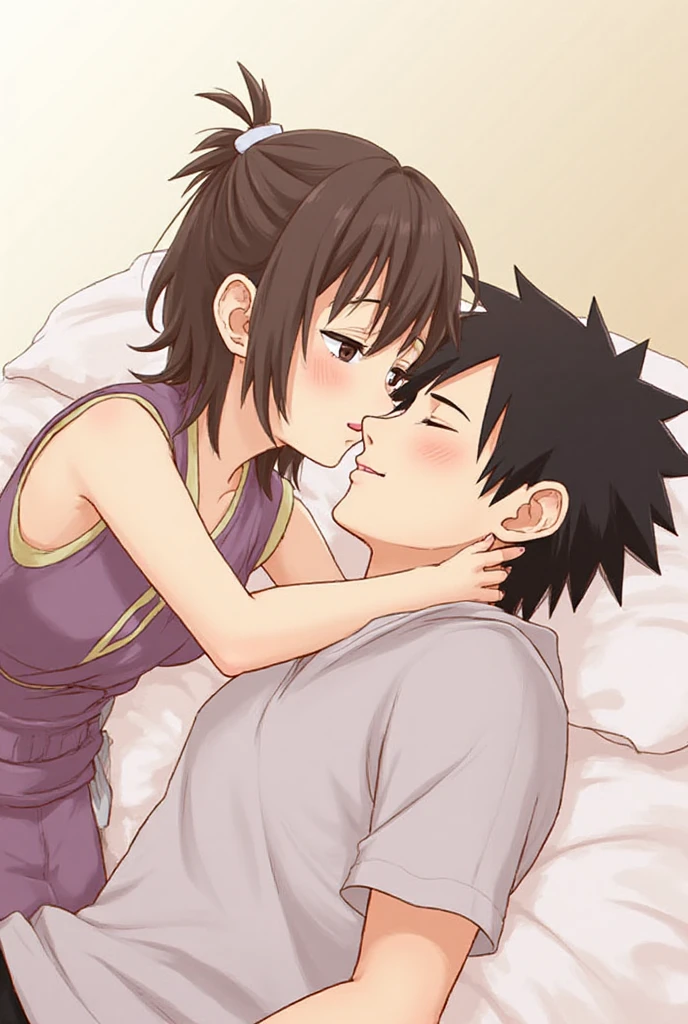 1boy, buzzcut, 1girl, bangs, black hair, blush, medium , gym short sleeve white shirt, gym shorts, face to face, boy hold girl shoulder ,cute, couple, adorable, forced kiss, purple eyes, detailed eyes, cowboyshot, upper body, holding on another one's hand, hugs, holding with another one's hand, indoor, bed, bedroom, hug, grab, touch , grab , lick , passionate hug, hug , lie on bed