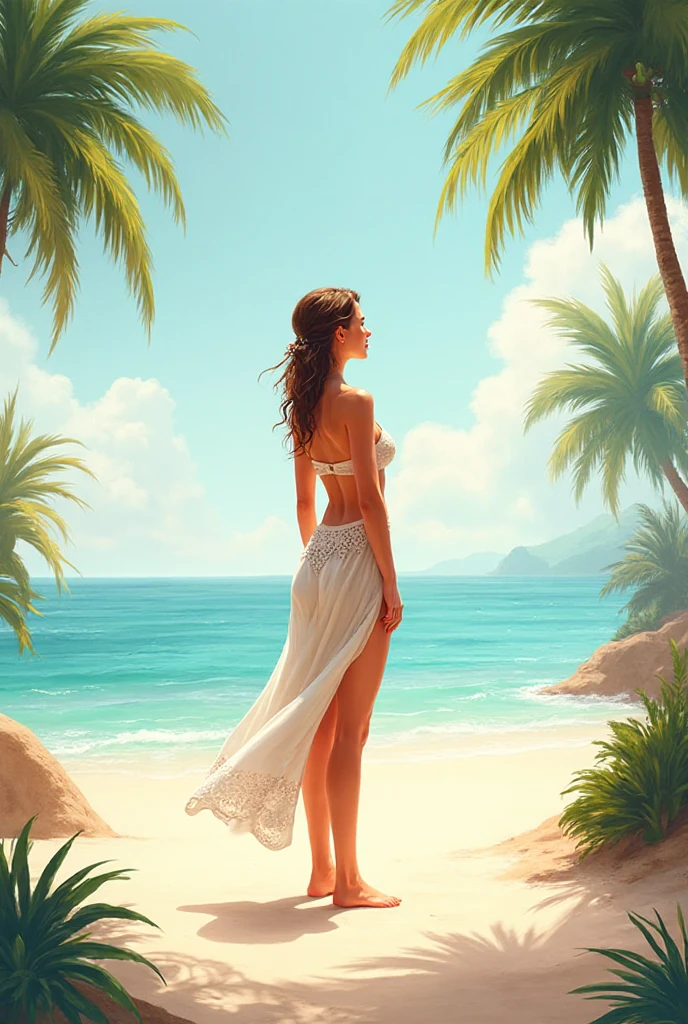 old retro poster, USSR,  Caribbean seaside, Neon, photo shoot, 1 ultra hot gorgeous woman. Age 23.  short white wavy hair, expressive breasts, in a white sundress with a pattern of flowers on fabric, fashionista, 80s, hd