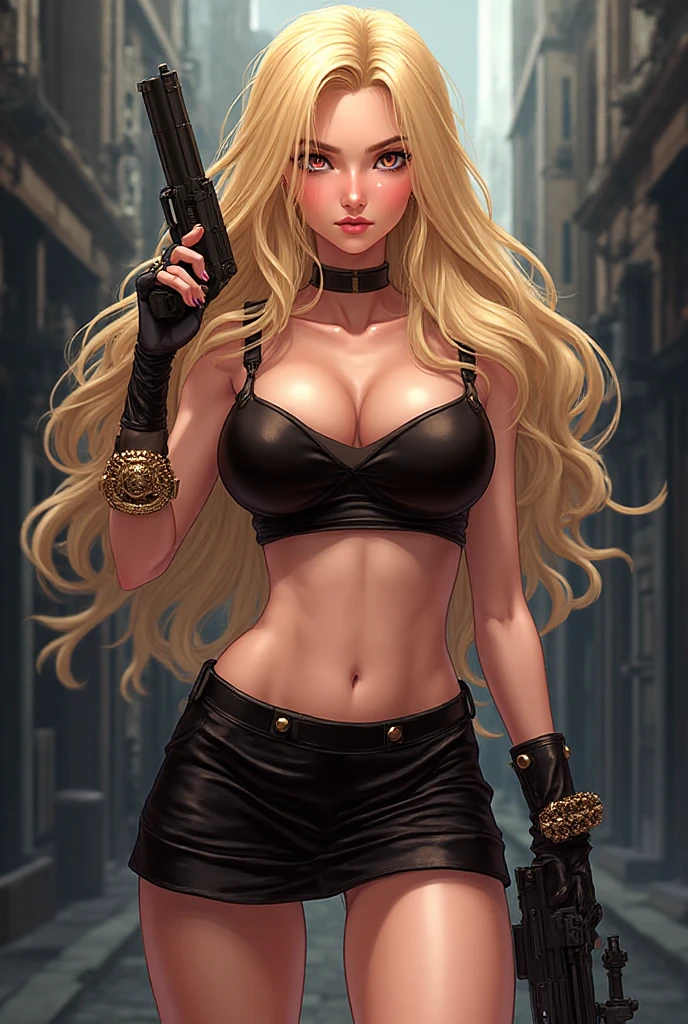 A beautiful woman in leather clothing with blonde long hair, leather skirt. Leather bra and open leather jacket and a leather hat with studs.