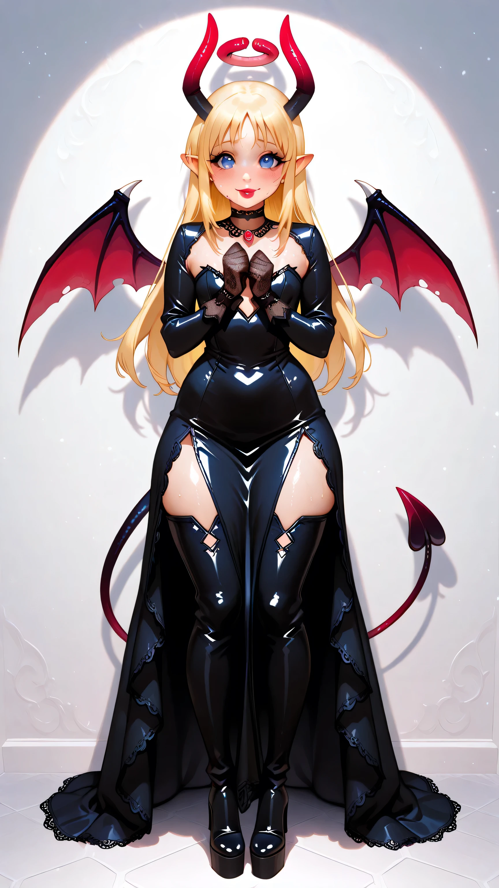 lace gloves, black latex long sleeves, long dress, lace trim, black latex wedding dress, wcsuccubus, black demon horns, black an red demon wings, pointy ears, demon girl,  demon tail, blue eyes, blonde hair, long hair, angel, halo, wings, crimvael \(interspecies reviewers\),  otoko no ko, 1girl, solo, black high heels BOOTS, thigh-high boots, 8 inch heels,  platform boots, red lipstick, eyelashes, makeup,  glossy lips, masterpiece, dakimakura, high resolution, blush,  looking at viewer, standing up, masterpiece, best quality, high quality facial features, perfect eyes,  facing directly, 4k , 8k , high resolution, shown fully in frame, Perfect body woman, Well proportionated Symmetrical body, hip dips, full body shown, voluptuous body,  blue eyeshadown, horny, smiling, blushing, sweat on face, 