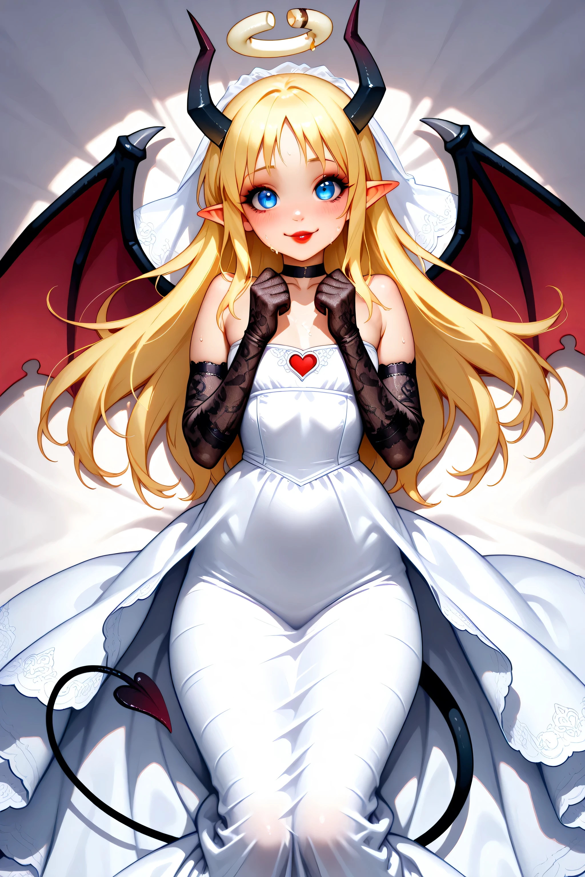 lace gloves, black latex long sleeves, long dress, lace trim, black latex wedding dress, wcsuccubus, black demon horns, black an red demon wings, pointy ears, demon girl,  demon tail, blue eyes, blonde hair, long hair, angel, halo, wings, crimvael \(interspecies reviewers\),  otoko no ko, 1girl, solo,  red lipstick, eyelashes, makeup,  glossy lips, masterpiece, dakimakura, high resolution, blush,  looking at viewer, standing up, masterpiece, best quality, high quality facial features, perfect eyes,  facing directly, 4k , 8k , high resolution, Perfect body woman, Well proportionated Symmetrical body, hip dips, voluptuous body,  blue eyeshadown, horny, smiling, blushing, sweat on face, 
