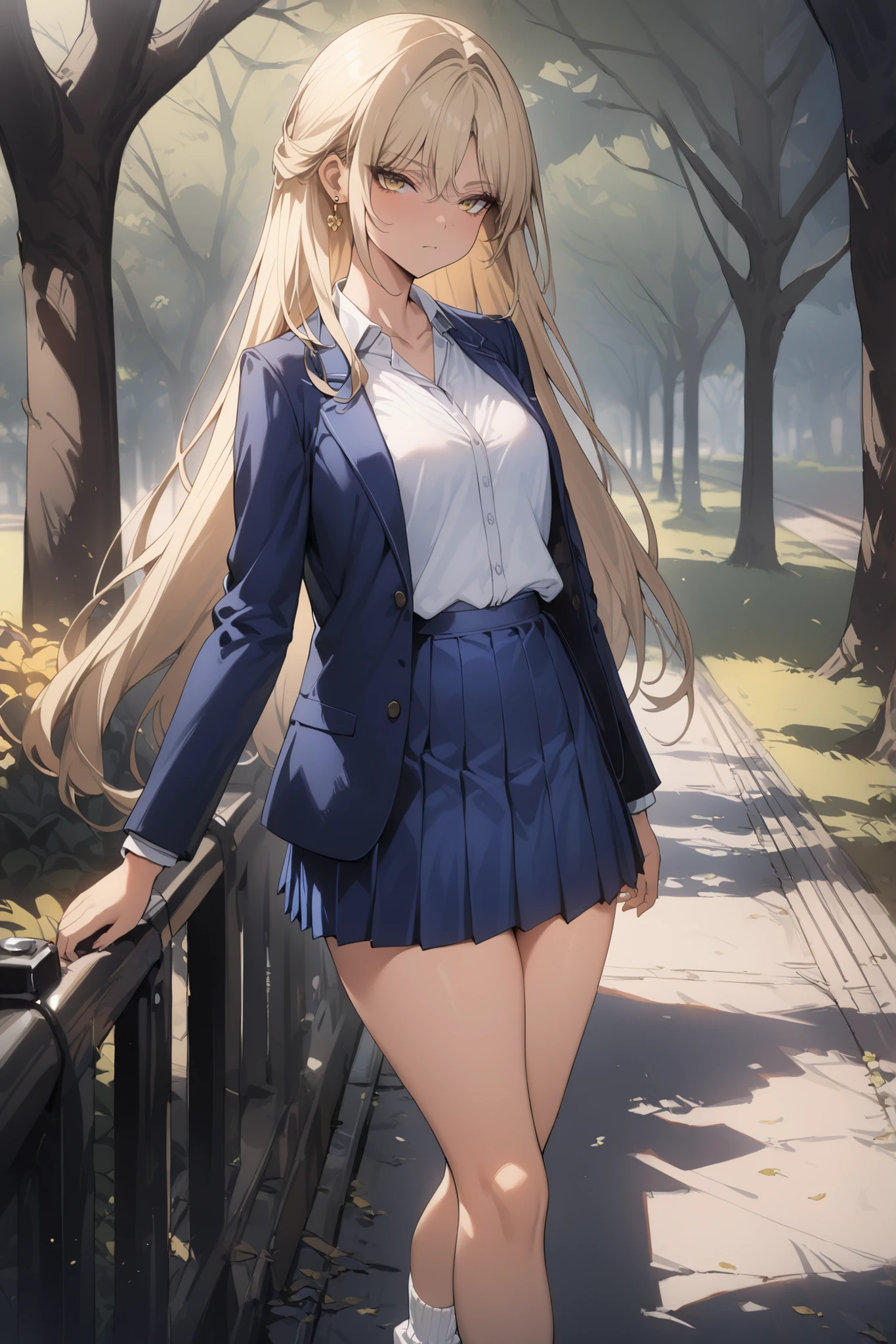 ((masterpiece,top quality:1.2)),(Super-resolution),(1gir),slender,((Female high school student staring at me in the park)),beautiful skin,(((healthy tanned skin))),(((Thin thighs))),(((blonde long hair))),perfect golden eyes, tree eyes ,Serious Expressionless,(((navy blue blazer))),(((white blouse))),(((navy blue pleated skirt))),white loose socks,brown loafers,gold earrings,cowboy shot