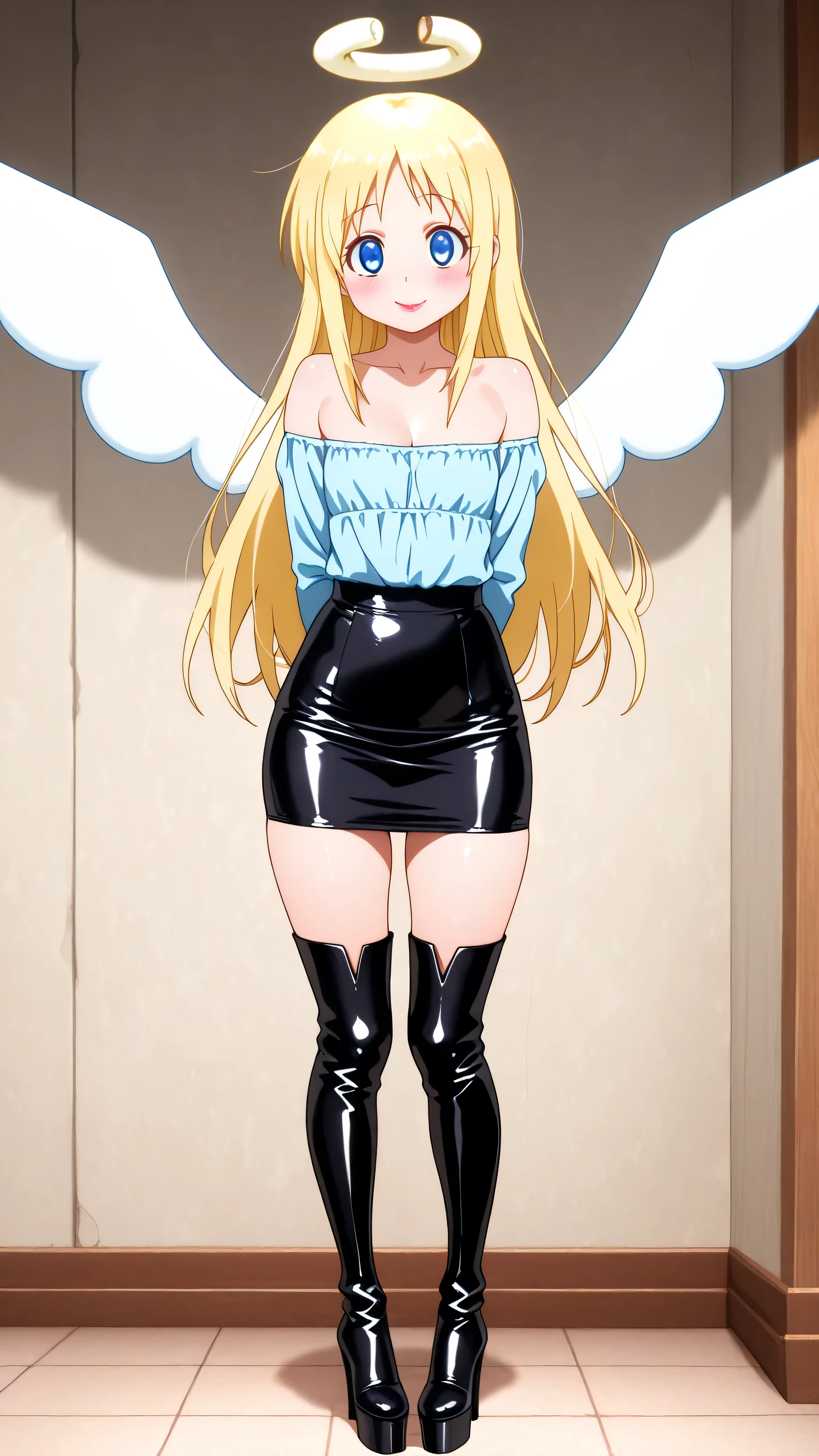 skirt, shirt, long sleeves, black skirt, formal, suit, office lady, skirt suit, shirt, blue latex shirt, cleavage, collarbone, bare shoulders, skirt, balck latex skirt, blue eyes, blonde hair, long hair, angel, halo, wings, crimvael \(interspecies reviewers\),  otoko no ko, 1girl, solo, black high heels BOOTS, thigh-high boots, 8 inch heels,  platform boots, red lipstick, eyelashes, makeup,  glossy lips, masterpiece, dakimakura, high resolution, blush,  looking at viewer, standing up, masterpiece, best quality, high quality facial features, perfect eyes,  facing directly, 4k , 8k , high resolution, shown fully in frame, Perfect body woman, Well proportionated Symmetrical body, hip dips, full body shown, voluptuous body,  blue eyeshadown, horny, smiling, blushing, holdign folder, 