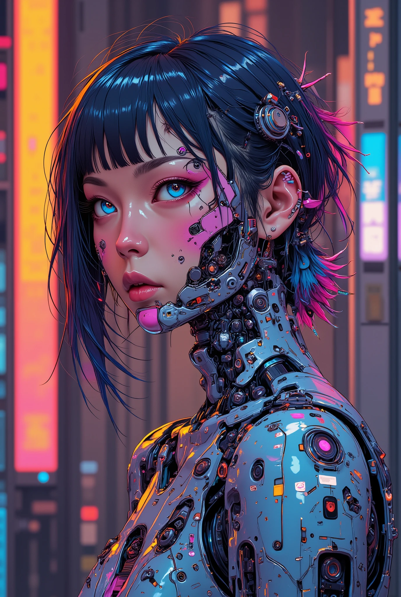 ((photograph of (perfect Asian cyberpunk girl))), ((dynamic pose)), ((LED lights)), (((extremely weird punk hairstyle))), ((manga drawing)), warm colours,  ((cinematic lighting)), perfect features, abstract beauty, near perfection, pure form, concept art, intricate detail, 8k post-production.
