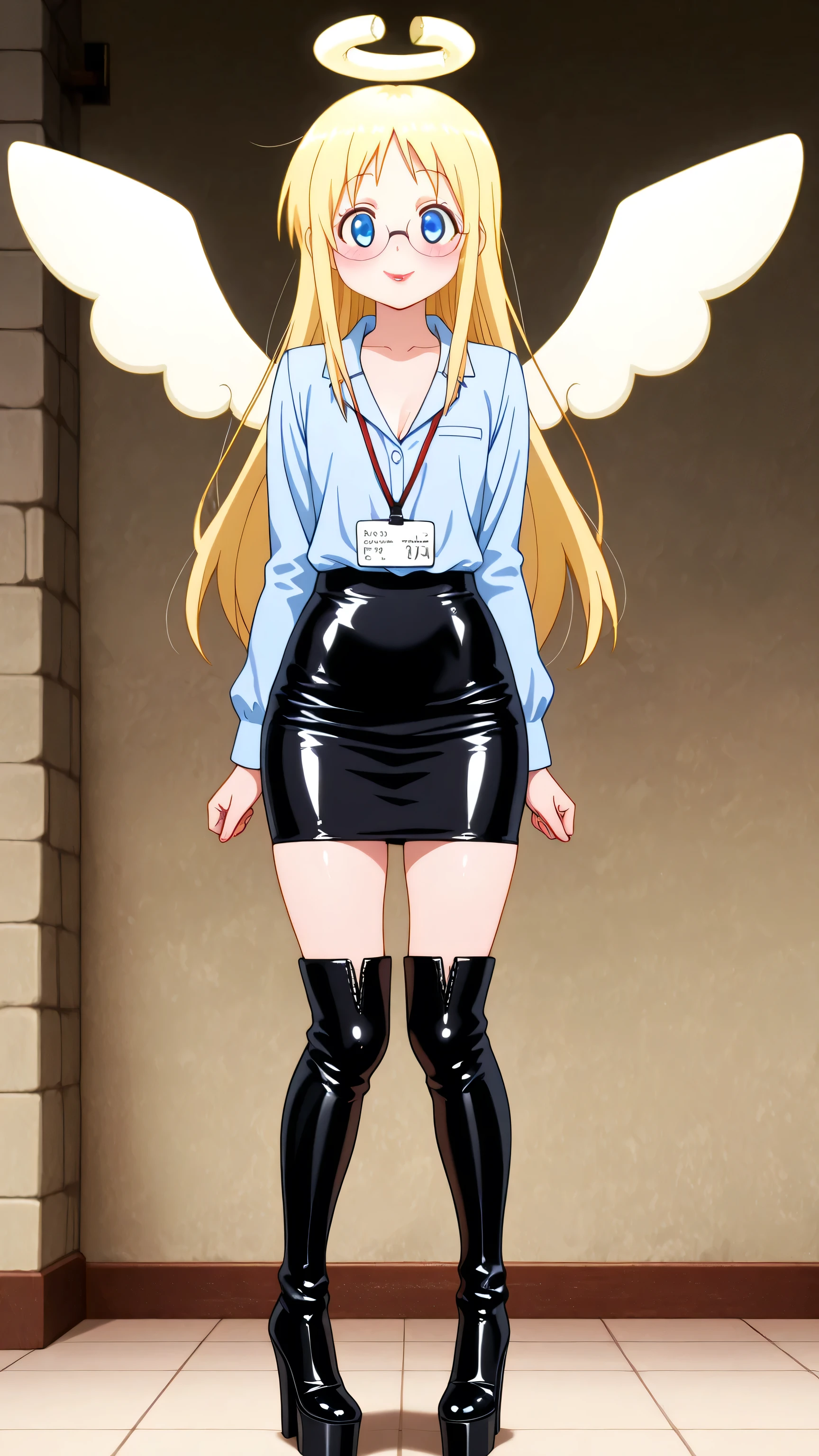 skirt, shirt, long sleeves, black skirt, formal, suit, office lady, skirt suit, shirt, blue latex shirt, cleavage, collarbone, bare shoulders, skirt, balck latex skirt, blue eyes, blonde hair, long hair, angel, halo, wings, crimvael \(interspecies reviewers\),  otoko no ko, 1girl, solo, black high heels BOOTS, thigh-high boots, 8 inch heels,  platform boots, red lipstick, eyelashes, makeup,  glossy lips, masterpiece, dakimakura, high resolution, blush,  looking at viewer, standing up, masterpiece, best quality, high quality facial features, perfect eyes,  facing directly, 4k , 8k , high resolution, shown fully in frame, Perfect body woman, Well proportionated Symmetrical body, hip dips, full body shown, voluptuous body,  blue eyeshadown, horny, smiling, blushing, holdign folder, name tag, glasses, 