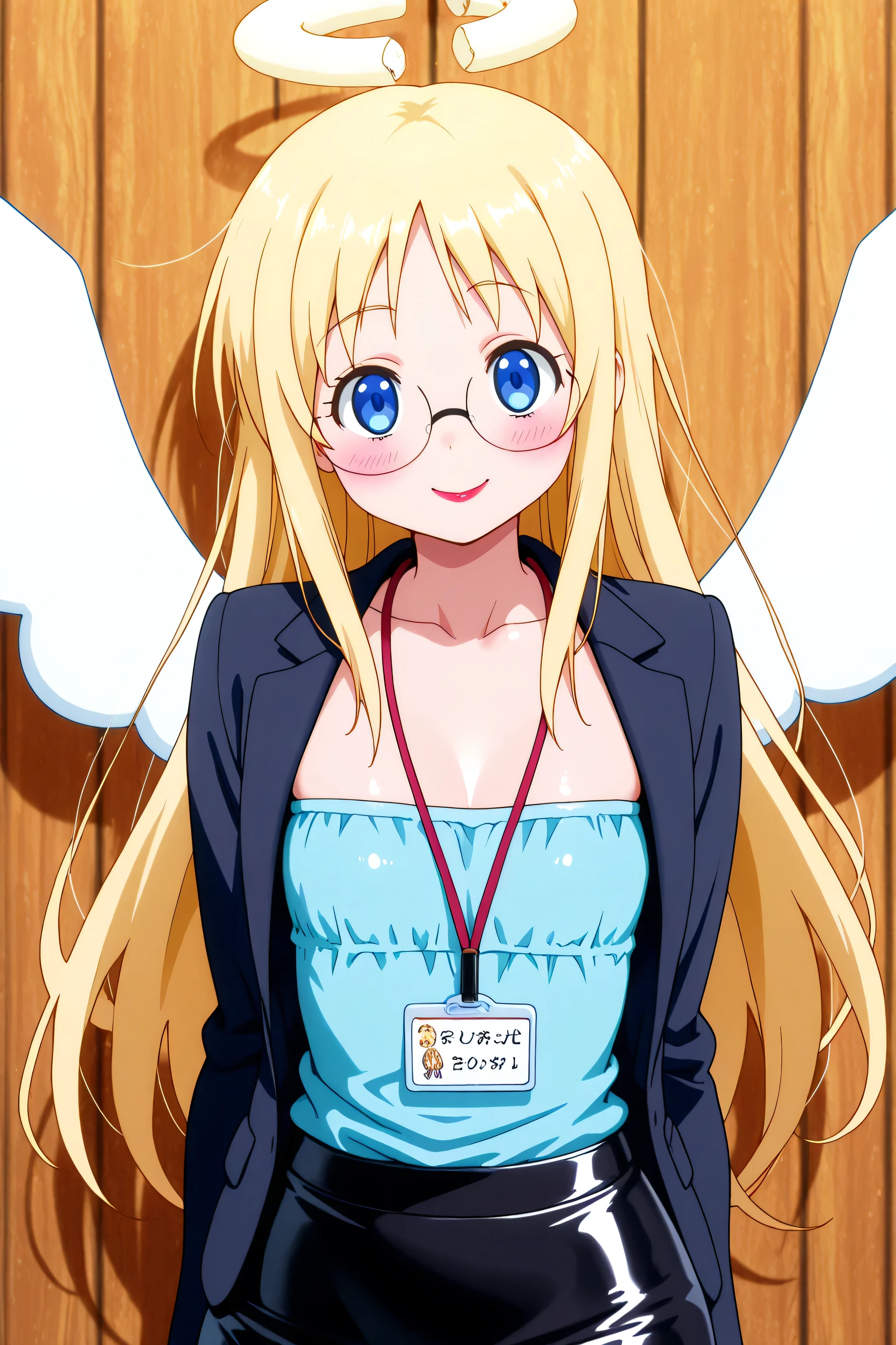 skirt, shirt, long sleeves, black skirt, formal, suit, office lady, skirt suit, shirt, blue latex shirt, cleavage, collarbone, bare shoulders, skirt, balck latex skirt, blue eyes, blonde hair, long hair, angel, halo, wings, crimvael \(interspecies reviewers\),  otoko no ko, 1girl, solo,red lipstick, eyelashes, makeup,  glossy lips, masterpiece, dakimakura, high resolution, blush,  looking at viewer, standing up, masterpiece, best quality, high quality facial features, perfect eyes,  facing directly, 4k , 8k , high resolution,  Perfect body woman, Well proportionated Symmetrical body, hip dips,  voluptuous body,  blue eyeshadown, horny, smiling, blushing, holdign folder, name tag, glasses, face only
