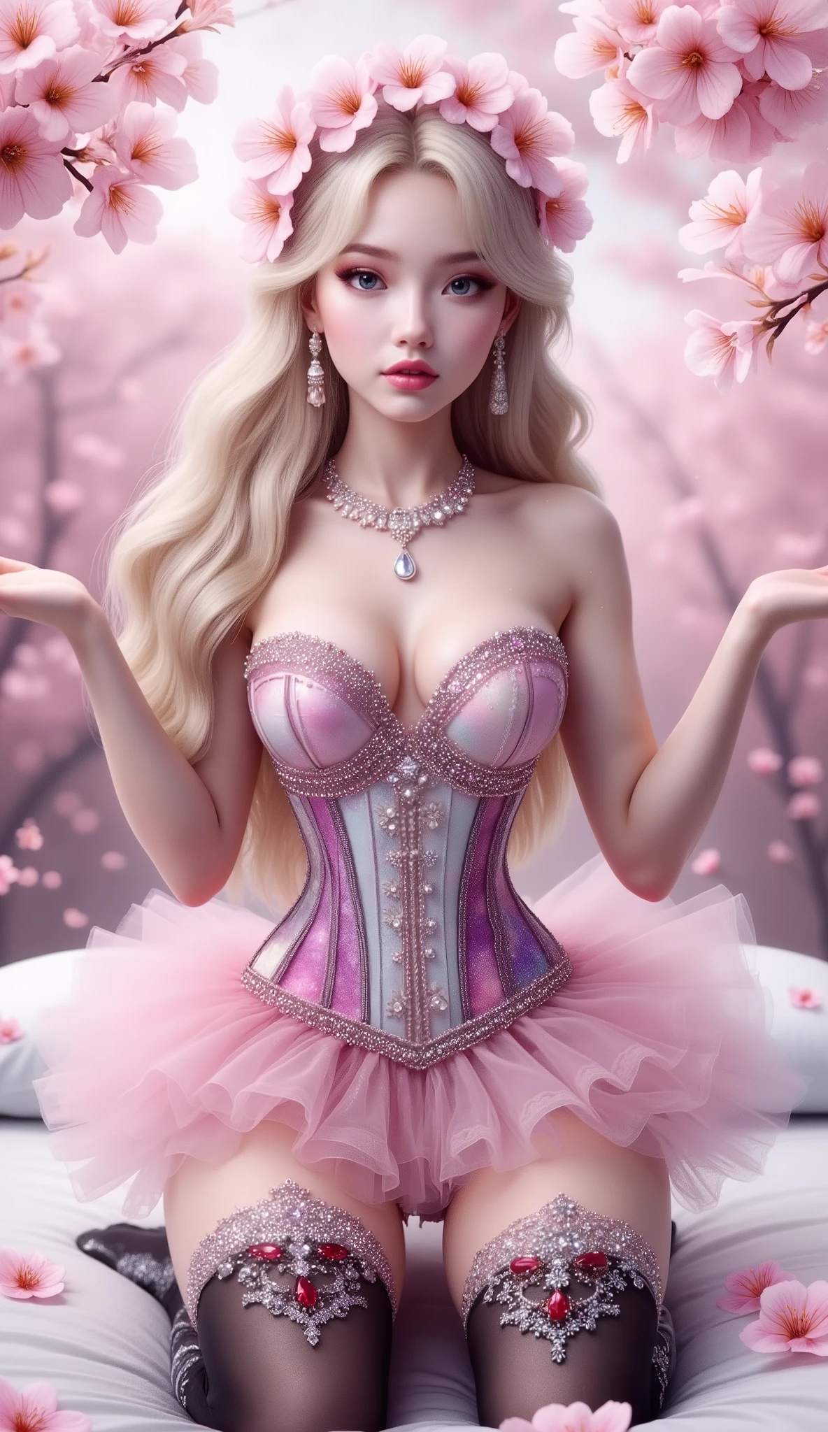 A charming young woman with fair skin and long, wavy blonde hair kneels with her hands outstretched, propping herself up on a bed amidst a beautiful field of cherry blossoms. Her hair is adorned with soft pink cherry blossoms and a sparkling headband. She wears a revealing strapless corset with a galaxy motif, adorned with sparkling glitter and minimal diamond embellishments around the bust and waist. The tight bodice accentuates her ample cleavage. Her outfit includes a short, frilly pink tutu skirt and glittering thigh-high black latex stockings embroidered with red and silver gems. A delicate pearl and diamond necklace with a teardrop pendant in the center adorns her neck, matching her sparkling earrings. Her lips are a bright fuchsia color, contrasting with her delicate eye makeup. The backdrop is a soft shade of pink cherry blossoms, depicting a serene and enchanting spring day.
