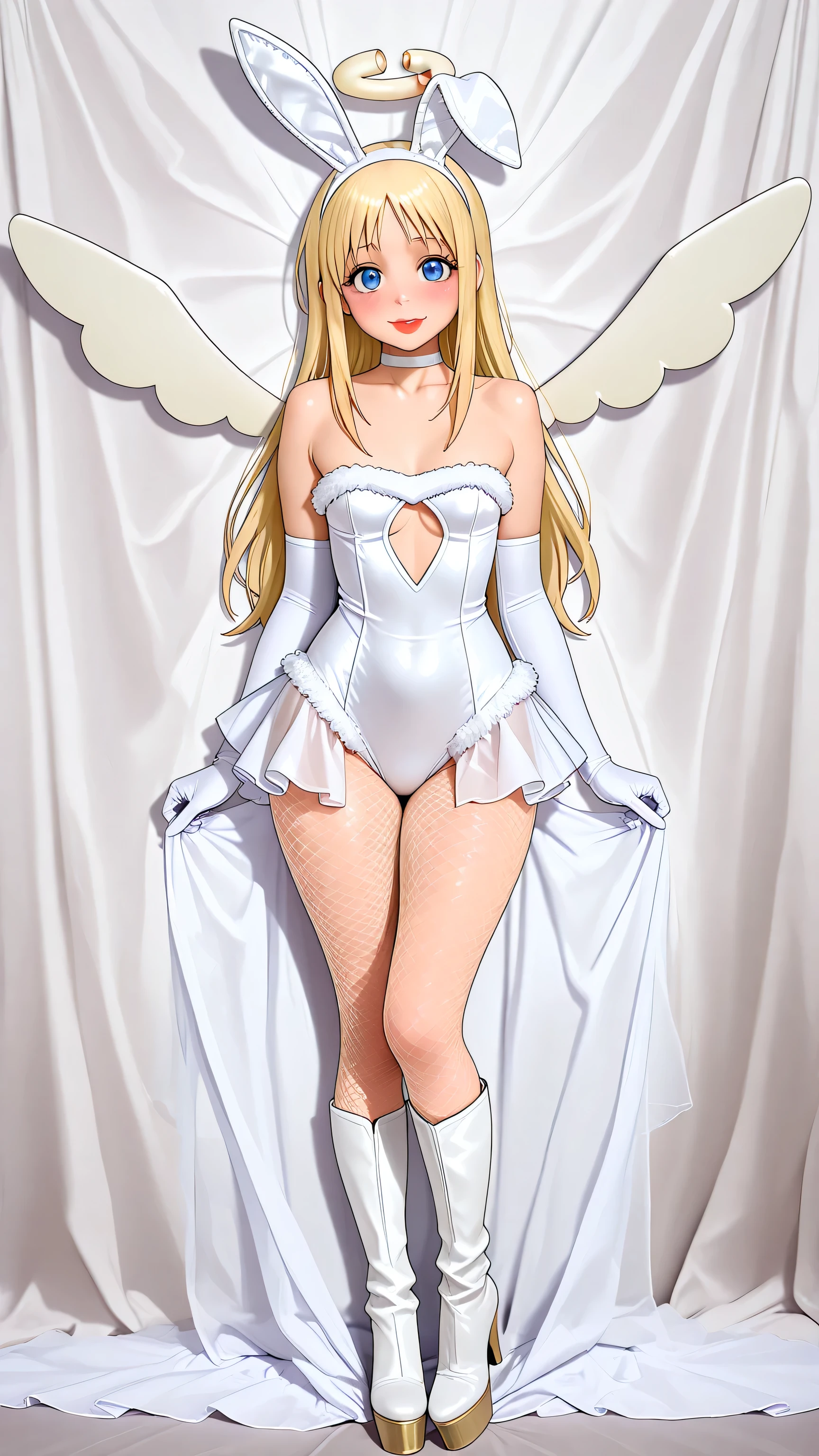 Bride_Bunny_Girl_Cos, fake animal ears, rabbit ears, playboy bunny, fur trim, skirt, back skirt, leotard, white leotard, bare shoulders, choker, fishnet pantyhose, white gloves, elbow gloves, cleavage, cleavage cutout, see-through, cleavage, collarbone,  blue eyes, blonde hair, long hair, angel, halo, wings, crimvael \(interspecies reviewers\),  otoko no ko, 1girl, solo, black high heels BOOTS, thigh-high boots, 8 inch heels,  platform boots, red lipstick, eyelashes, makeup,  glossy lips, masterpiece, dakimakura, high resolution, blush,  looking at viewer, standing up, masterpiece, best quality, high quality facial features, perfect eyes,  facing directly, 4k , 8k , high resolution, shown fully in frame, Perfect body woman, Well proportionated Symmetrical body, hip dips, full body shown, voluptuous body,  blue eyeshadown, horny, smiling, blushing, 