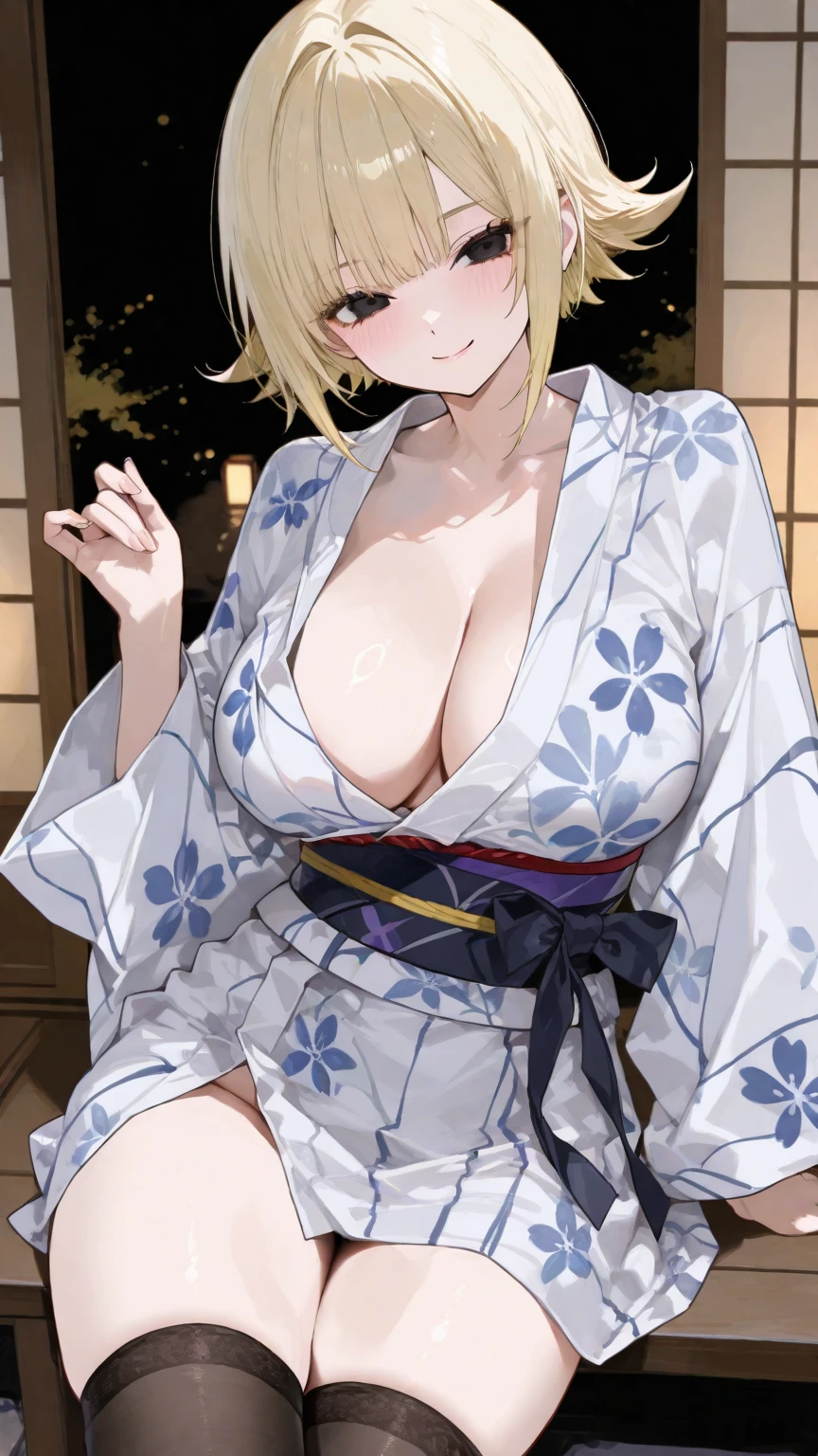 score_9, score_8_up, score_7_up, score_6_up, score_5_up, score_4_up, rating_questionable, , source_anime, digital illustration, pixiv, fanbox, uncensored, , BREAK, official art,
1girl, solo, mature female, cha hae in,, blonde hair, purple eyes, short hair, medium breasts,
japanese clothes, japanese background, kimono, off shoulder, areolae slip, outdoors, light smile, blush, looking at viewer, cowboy shot,  <lora:Cha_Hae_In_Pony-10:1.1>
